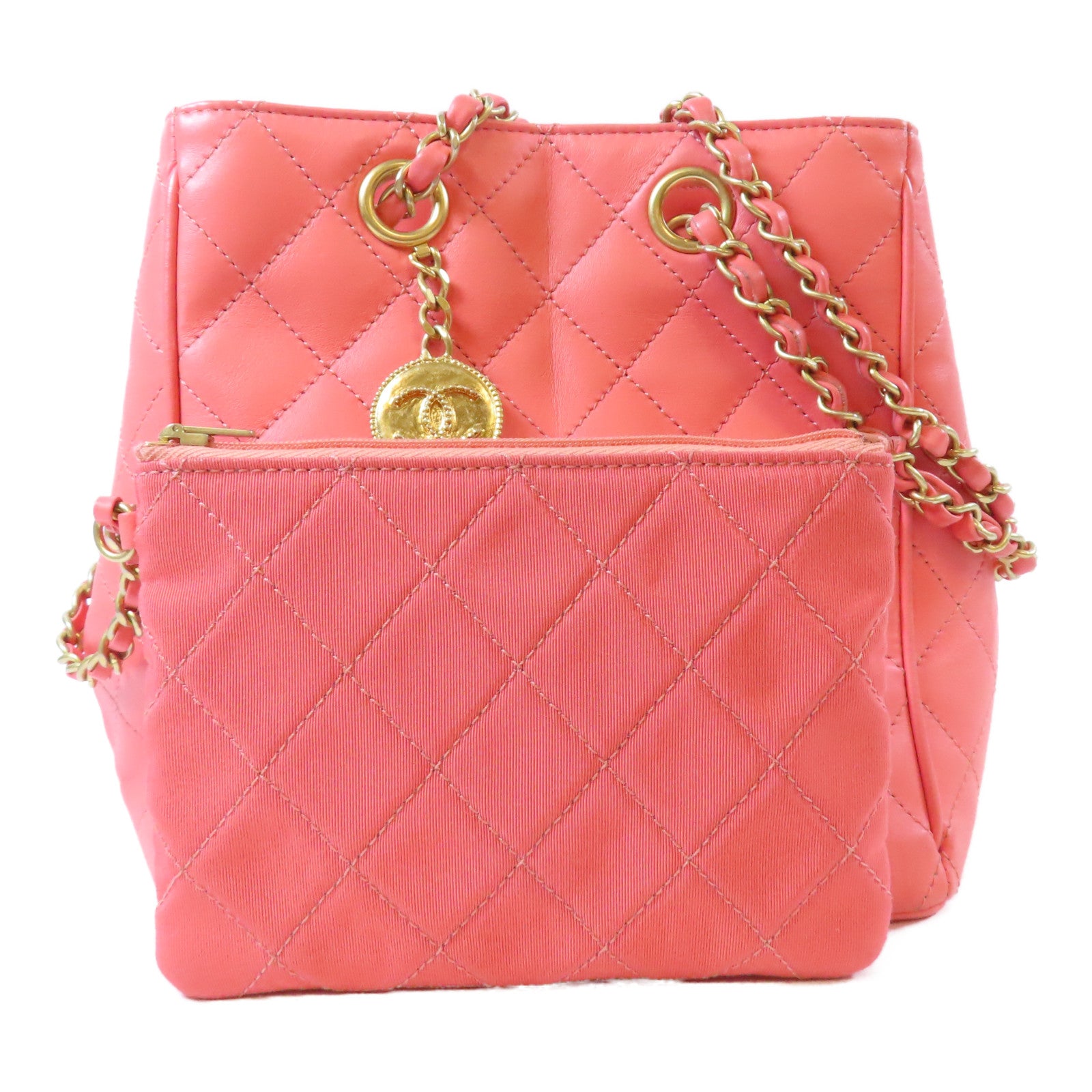 CHANEL 【激減優惠】菱格牛皮皮革Bucket Bag金扣鏈帶肩背袋粉紅色