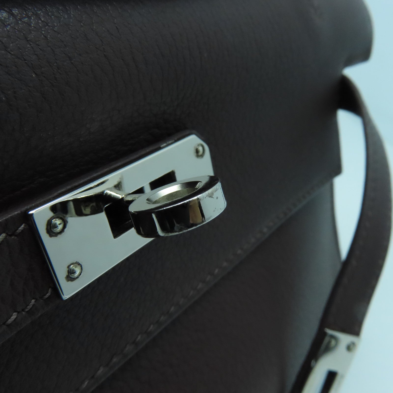 HERMES Evergrain皮革Kelly Pochette銀扣手拿包Havane啡色