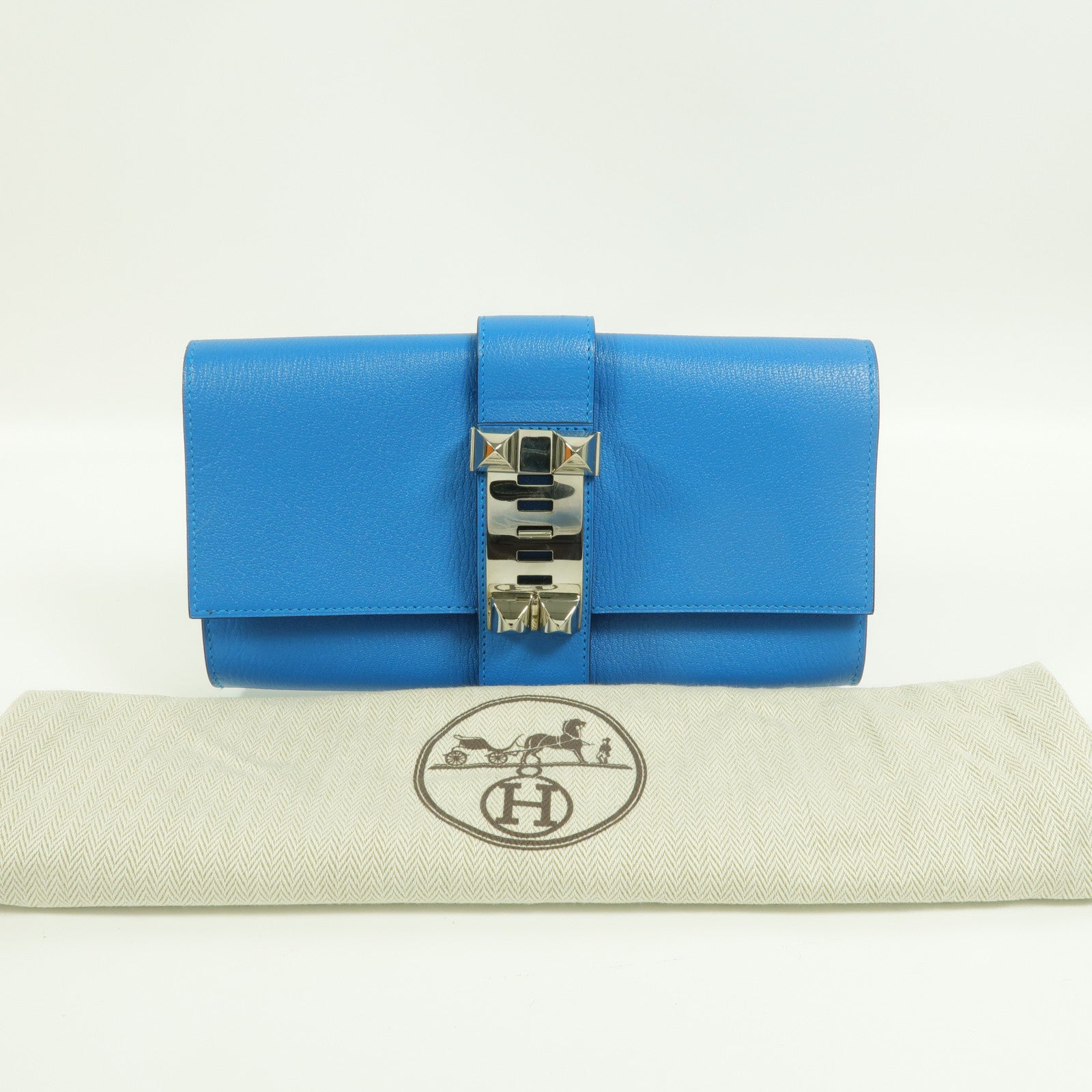 HERMES Chevre皮革Medor Clutch 23手拿包Bleu Izmir