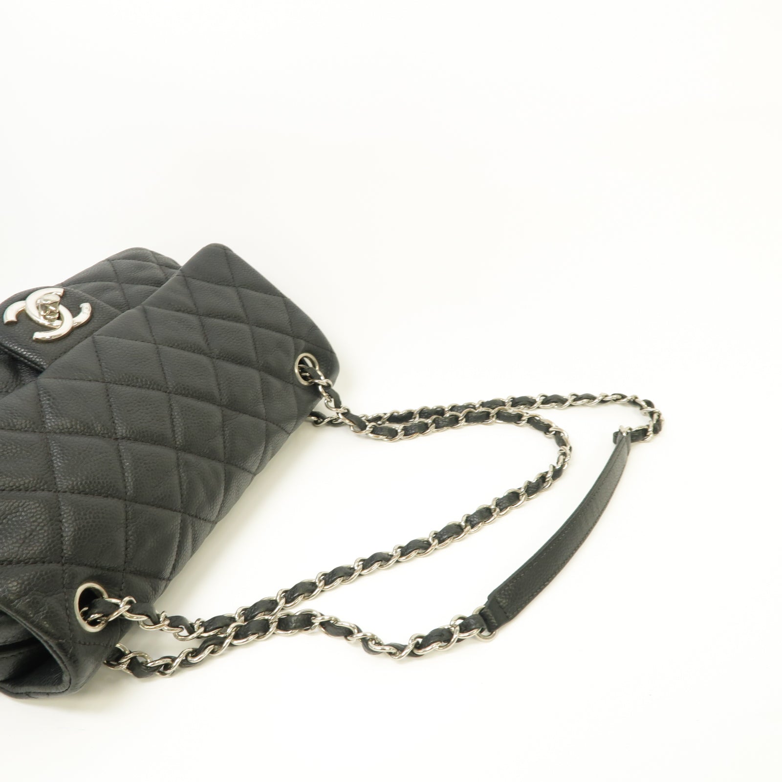 CHANEL 菱格Caviar皮革Chain Shoulder Bag銀扣鏈帶肩背袋黒色