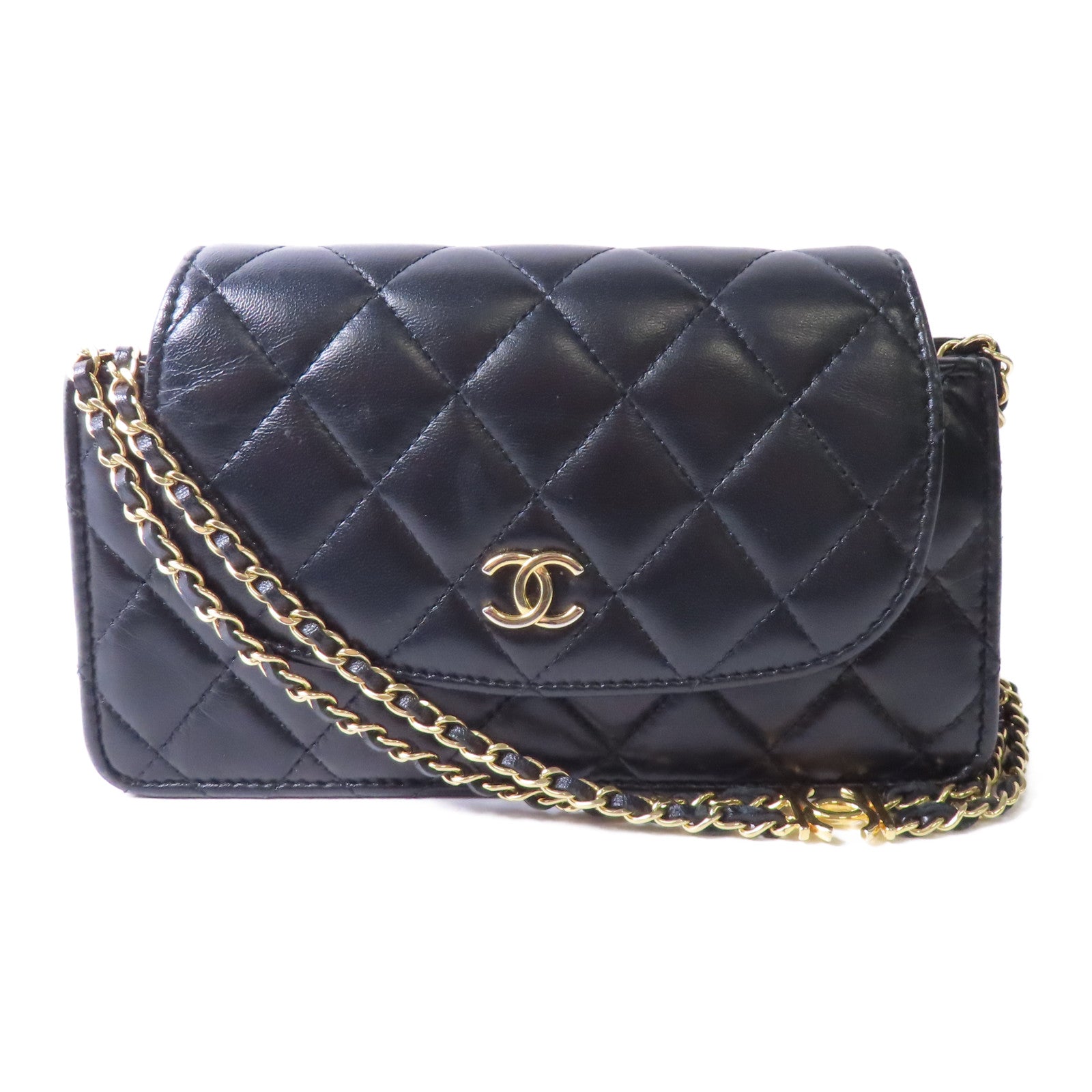 CHANEL 菱格羊皮皮革Chain Shoulder金扣鏈帶肩背袋黑色