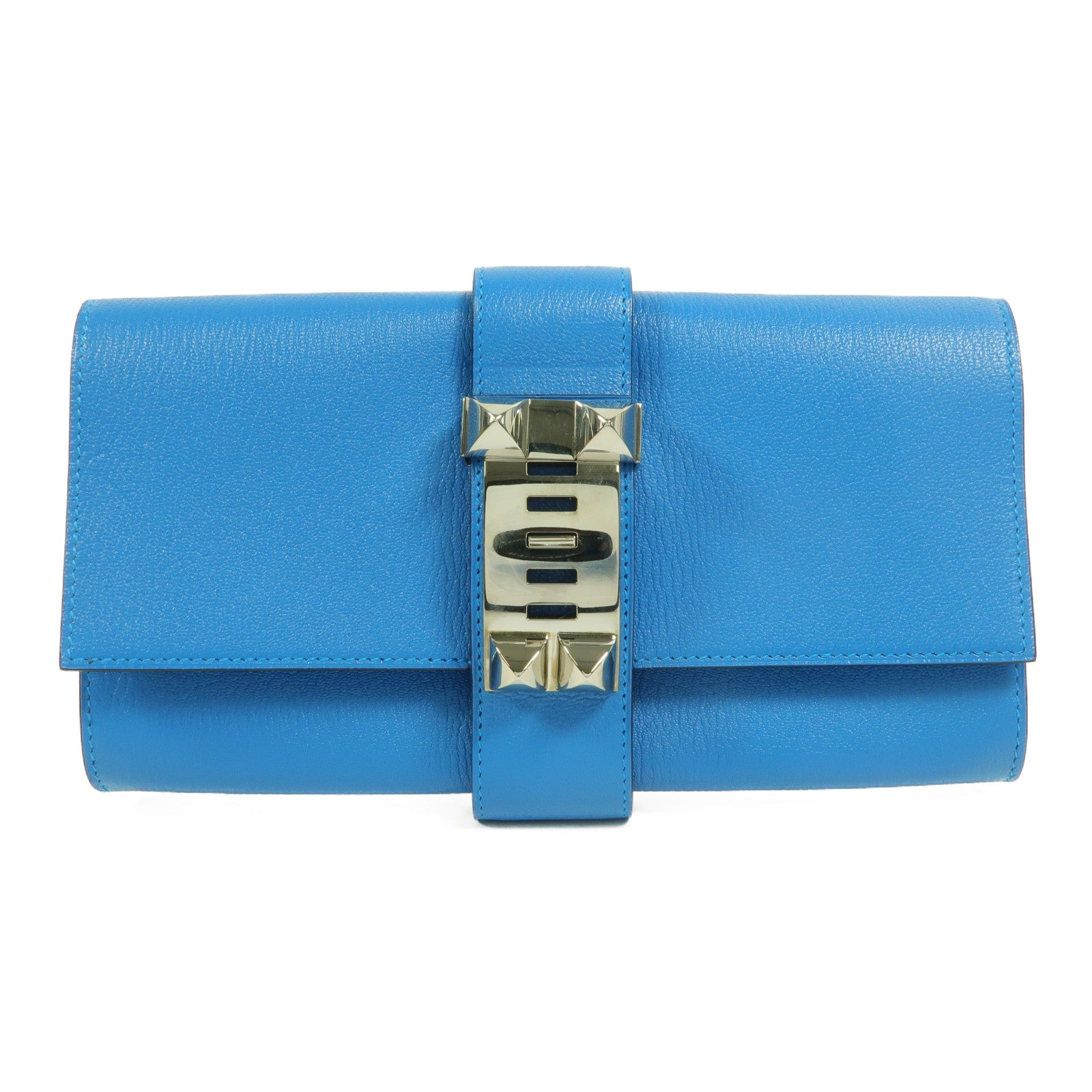 HERMES Chevre皮革Medor Clutch 23手拿包Bleu Izmir