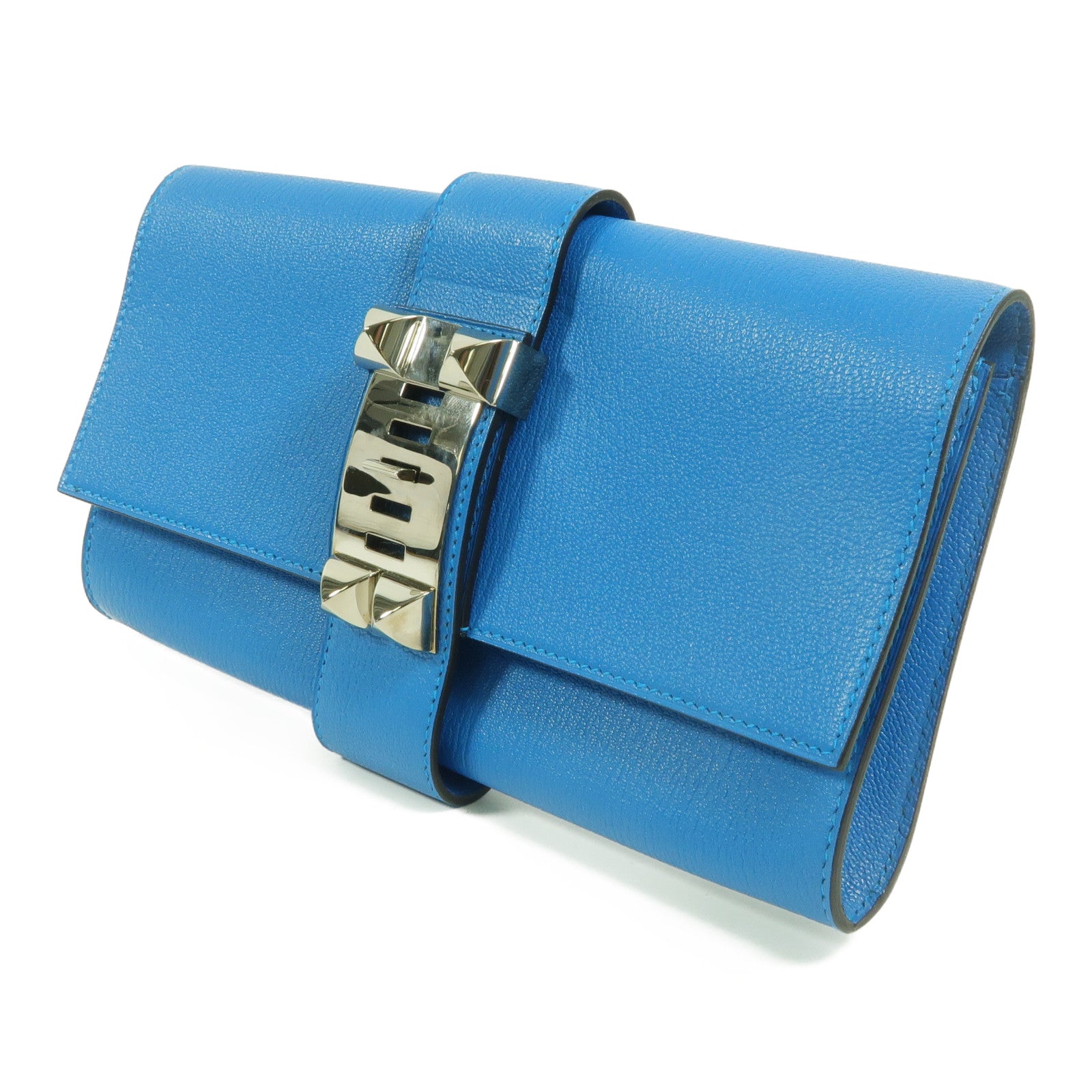 HERMES Chevre皮革Medor Clutch 23手拿包Bleu Izmir