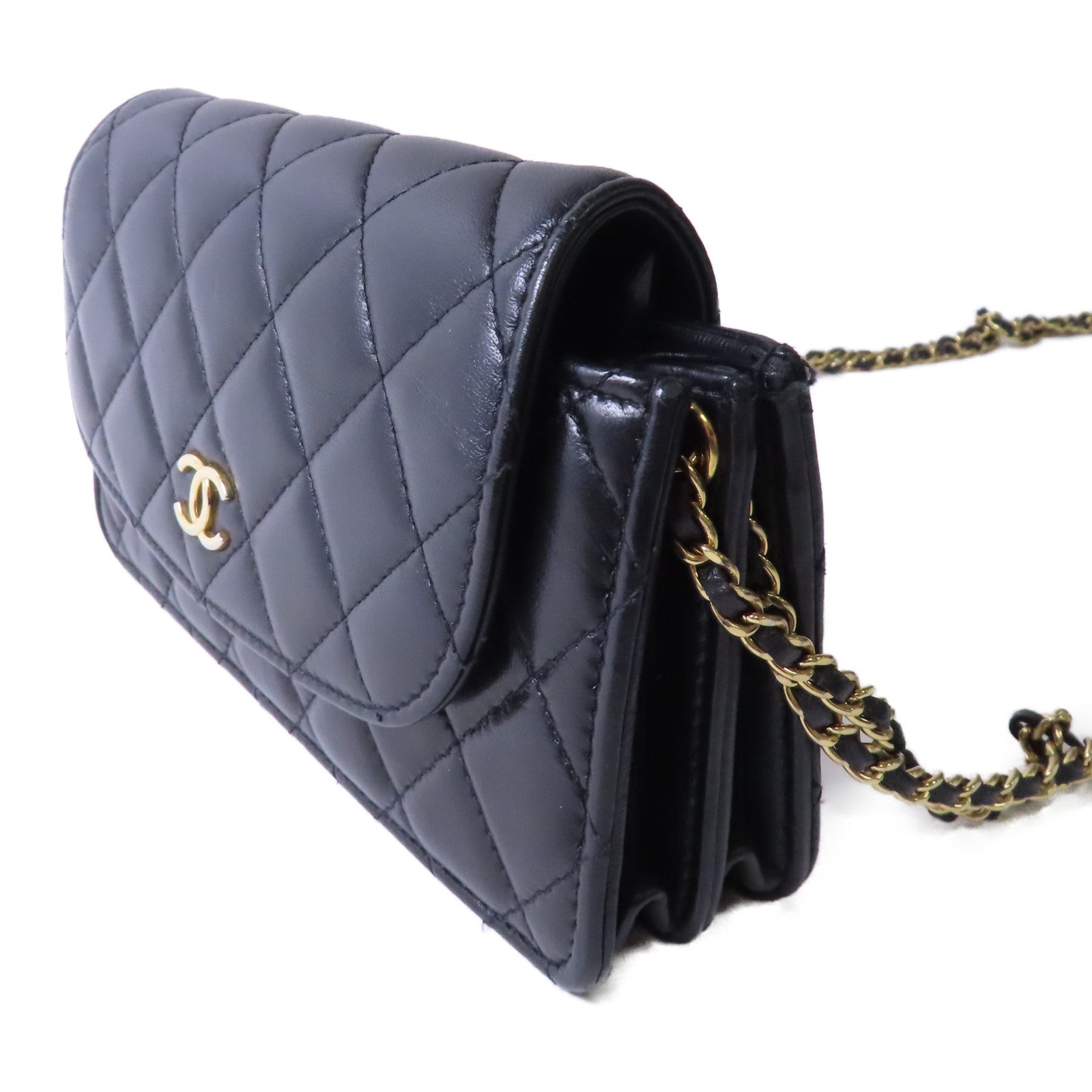 CHANEL 菱格羊皮皮革Chain Shoulder金扣鏈帶肩背袋黑色