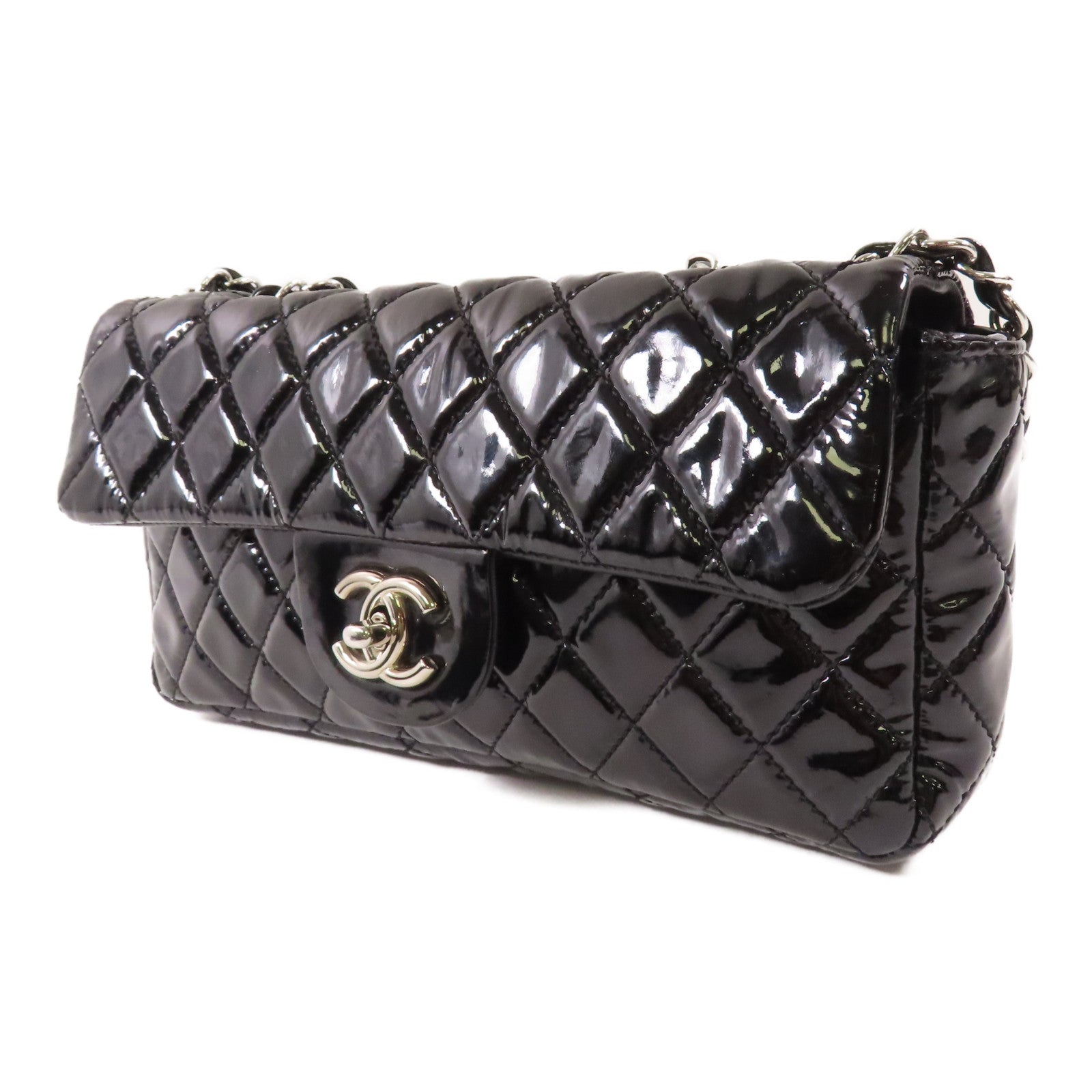 CHANEL 漆皮皮革Chain Shoulder銀扣鏈帶肩背袋