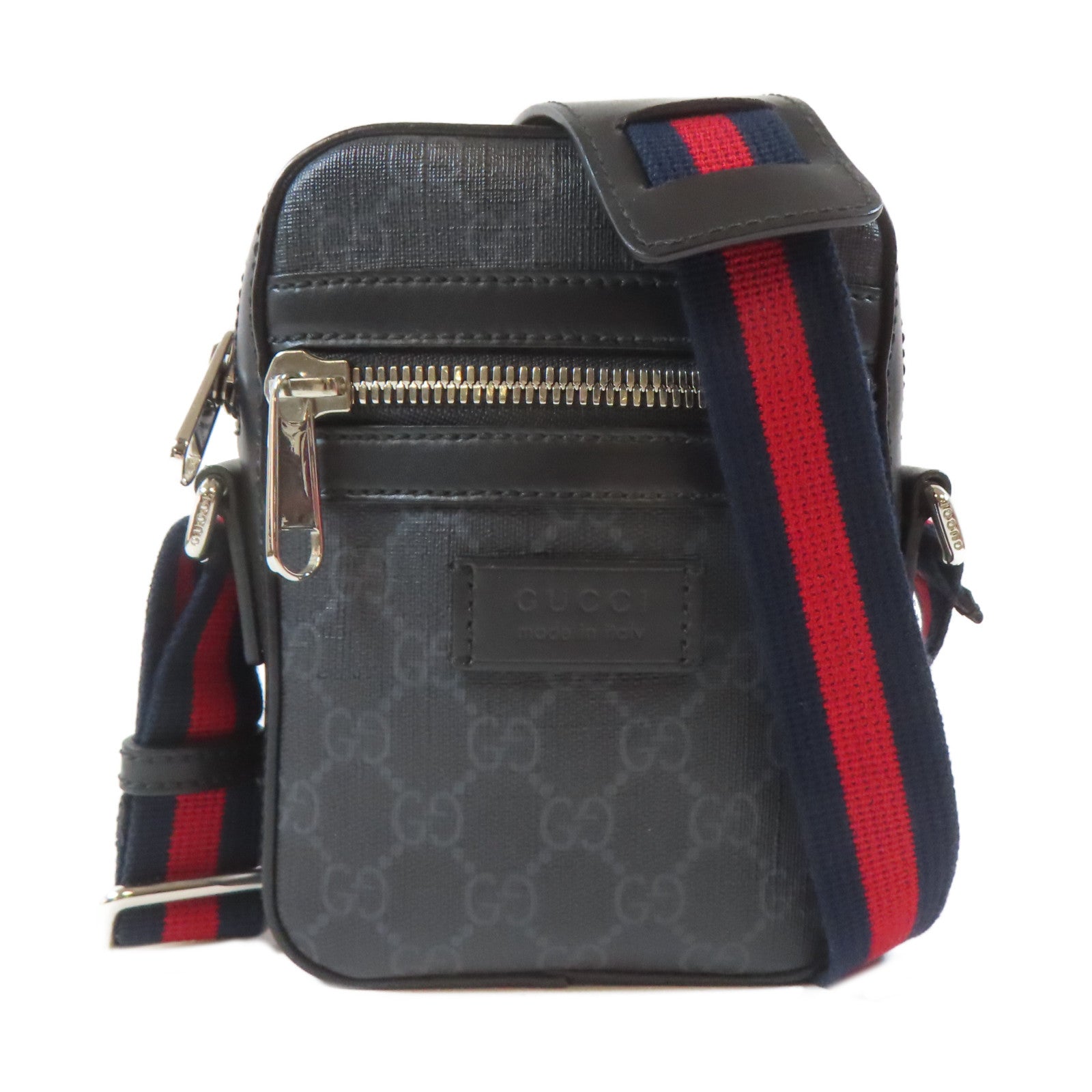 GUCCI 塗層帆布GG Supreme銀扣肩背袋黑色/灰色
