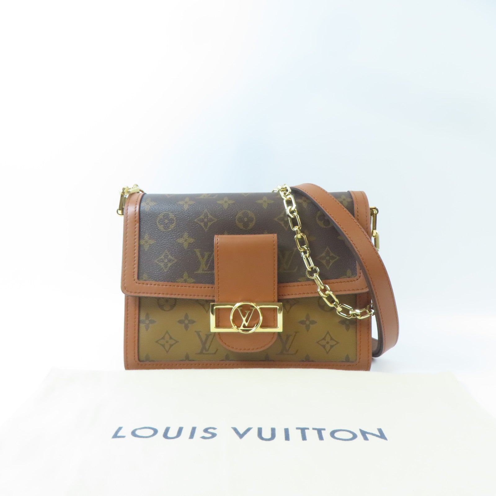 LOUIS VUITTON Monogram Reverse Dauphine MM金扣肩背袋啡色
