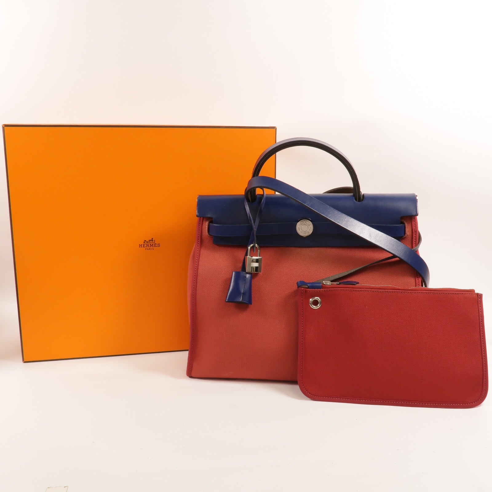 HERMES 帆布Herbag PM手挽肩背兩用袋Rouge Grenat/Bleu Saphir