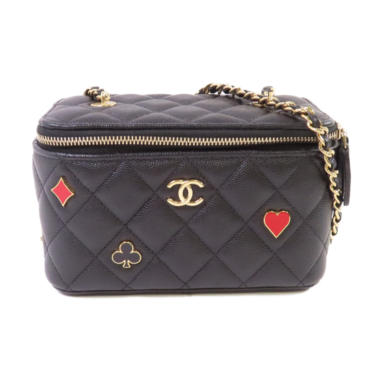 CHANEL 【激減優惠】菱格Caviar皮革Vanity Case Chain Shoulder Bag金扣鏈帶肩背袋黑色