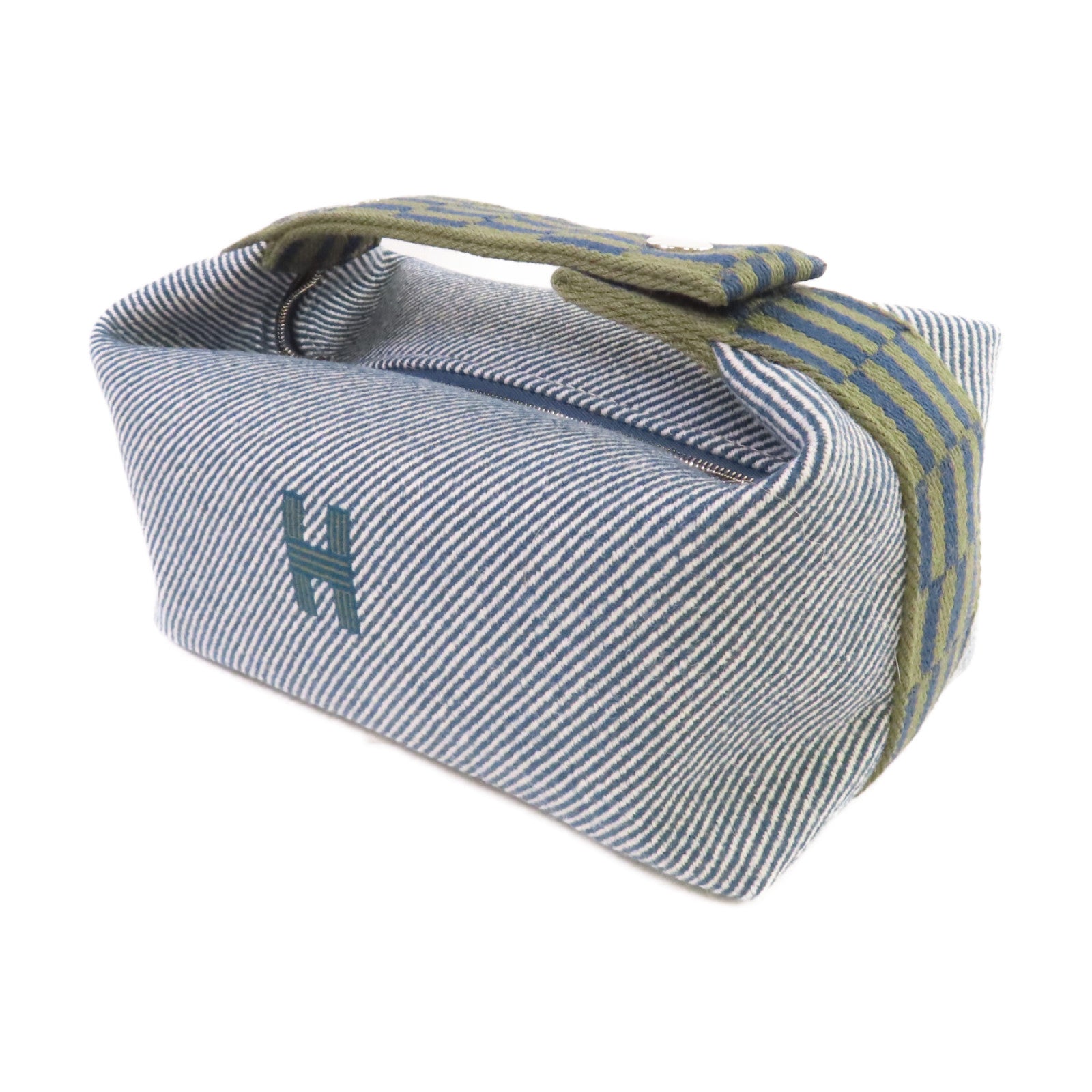 HERMES Abysse Natte帆布Bride A Brac Small Hand Bag銀扣手挽袋藍色/綠色