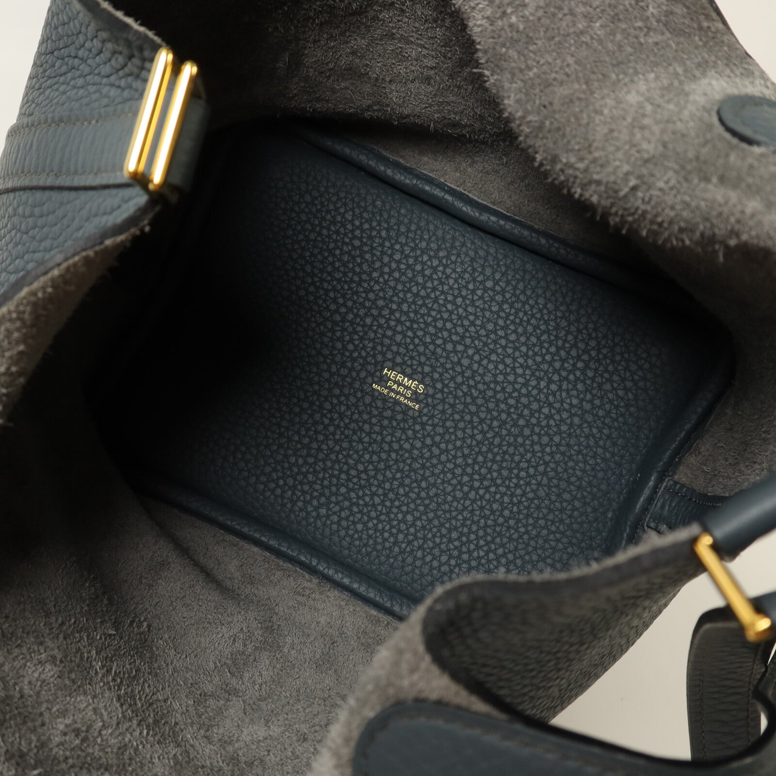 HERMES Clemence皮革Picotin PM金扣手挽袋Bleu Orage