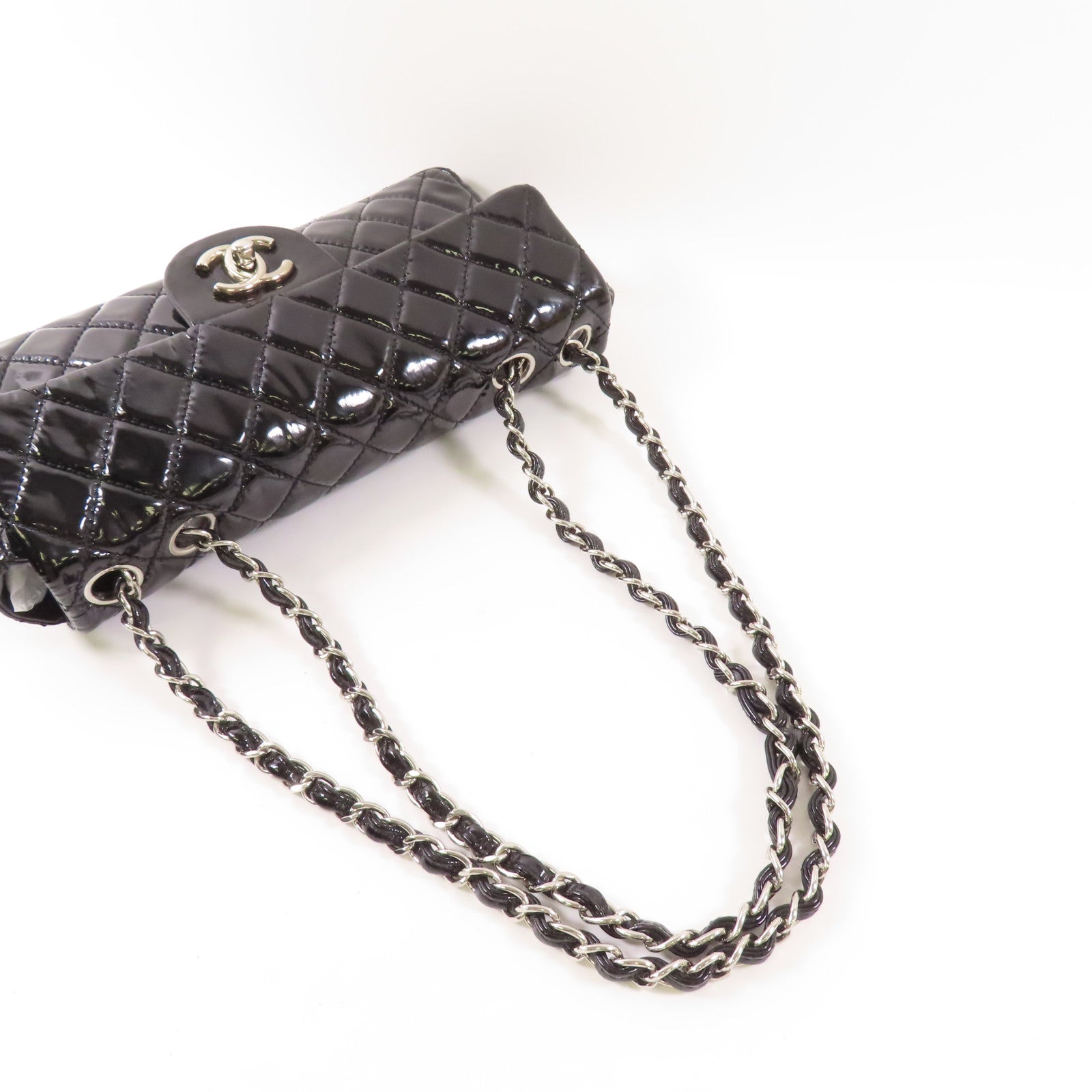 CHANEL 漆皮皮革Chain Shoulder銀扣鏈帶肩背袋