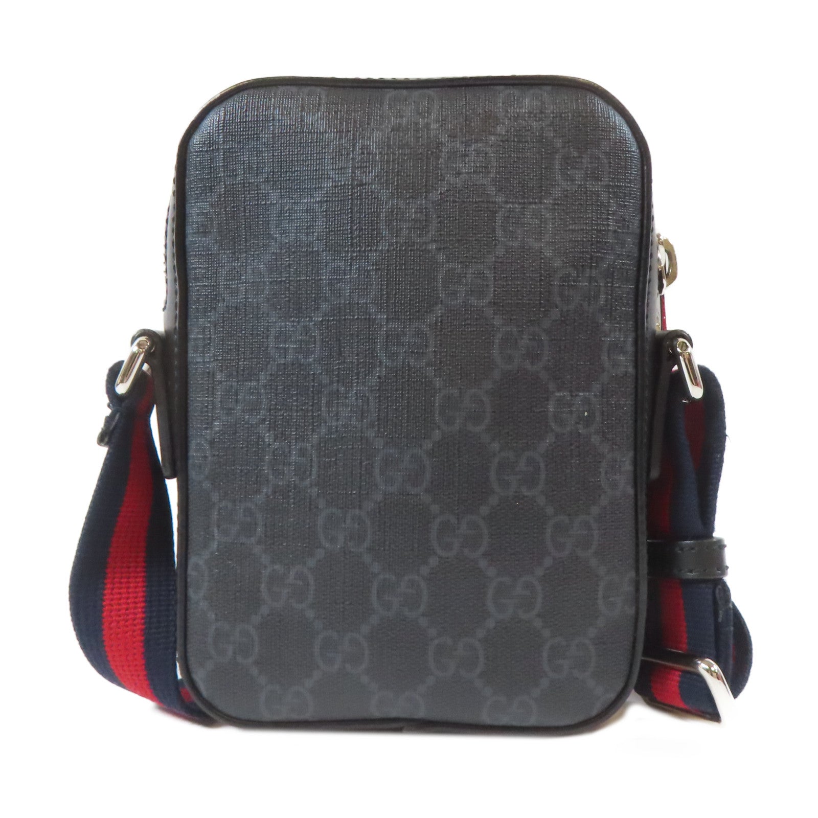 GUCCI 塗層帆布GG Supreme銀扣肩背袋黑色/灰色