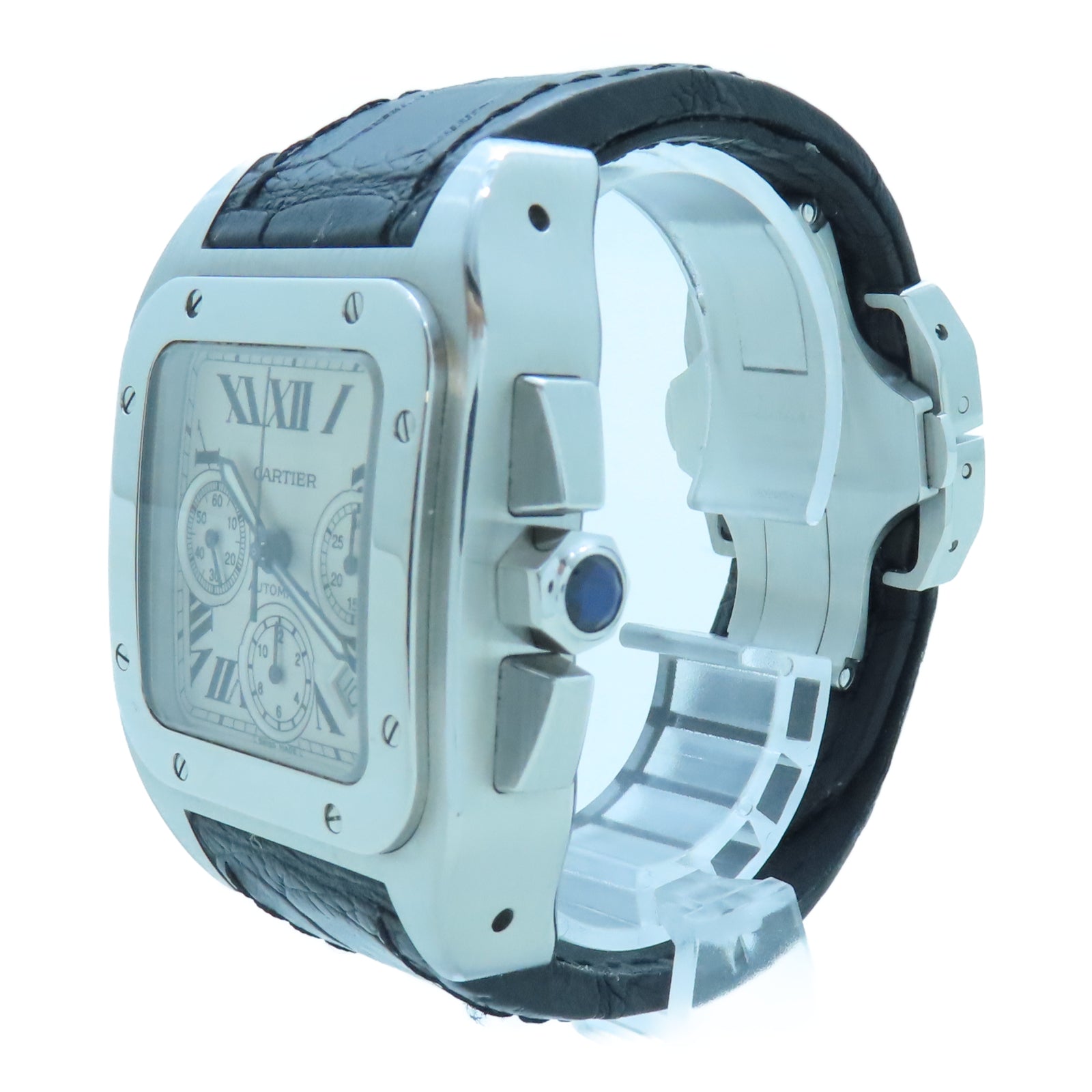 CARTIER Santos 100 42mm不鏽鋼/鱷魚皮革手錶自動機芯白色