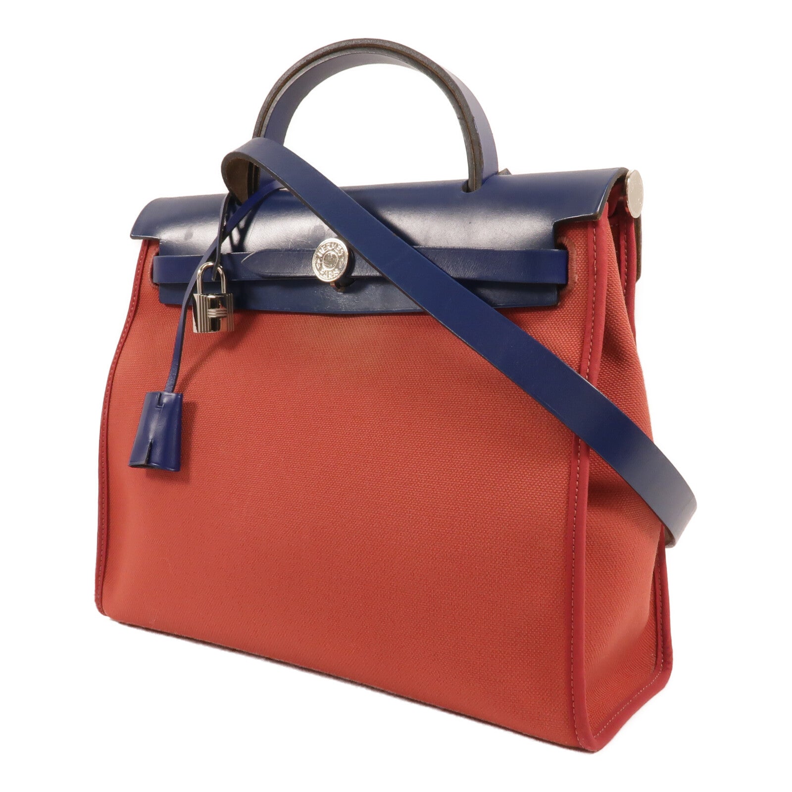HERMES 帆布Herbag PM手挽肩背兩用袋Rouge Grenat/Bleu Saphir