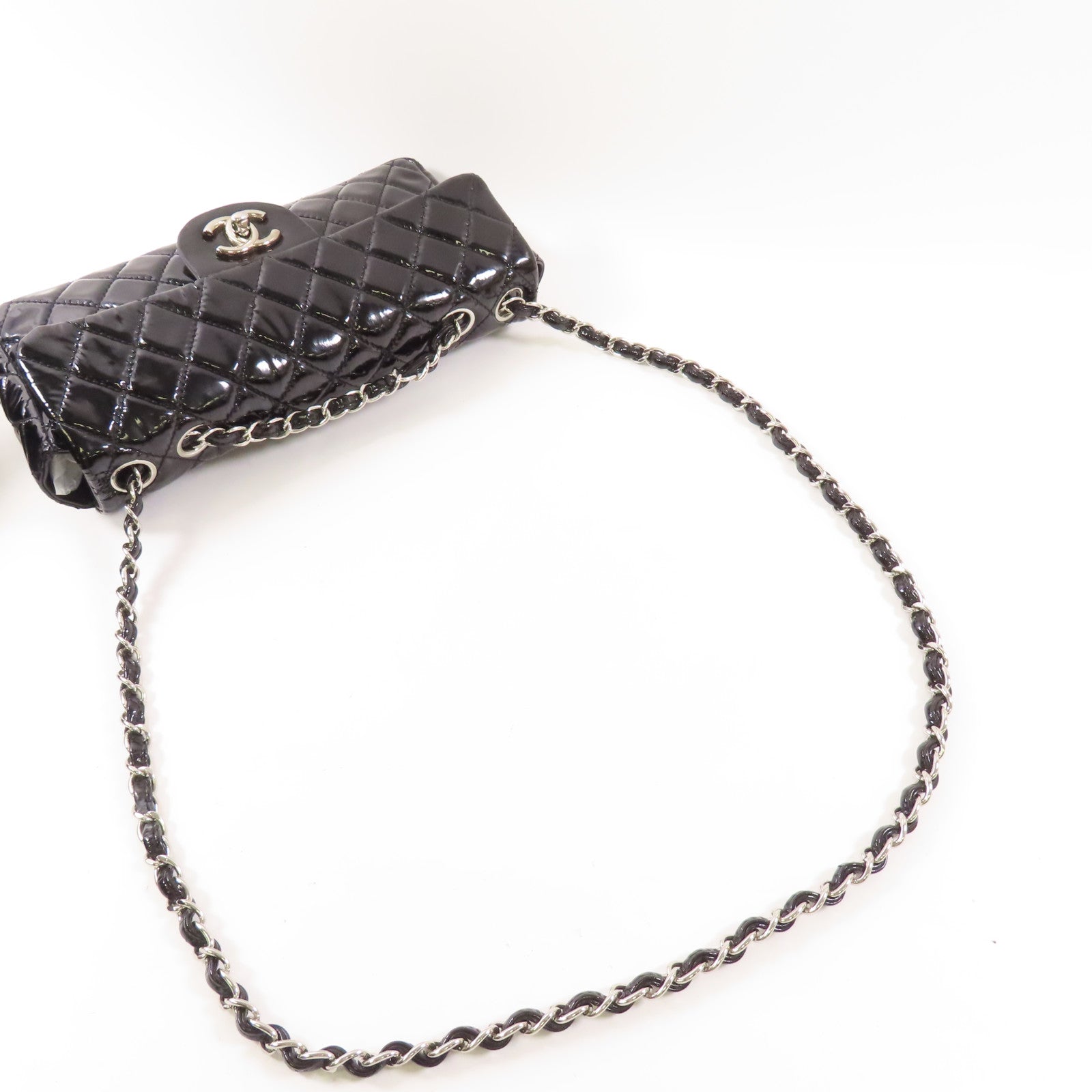 CHANEL 漆皮皮革Chain Shoulder銀扣鏈帶肩背袋