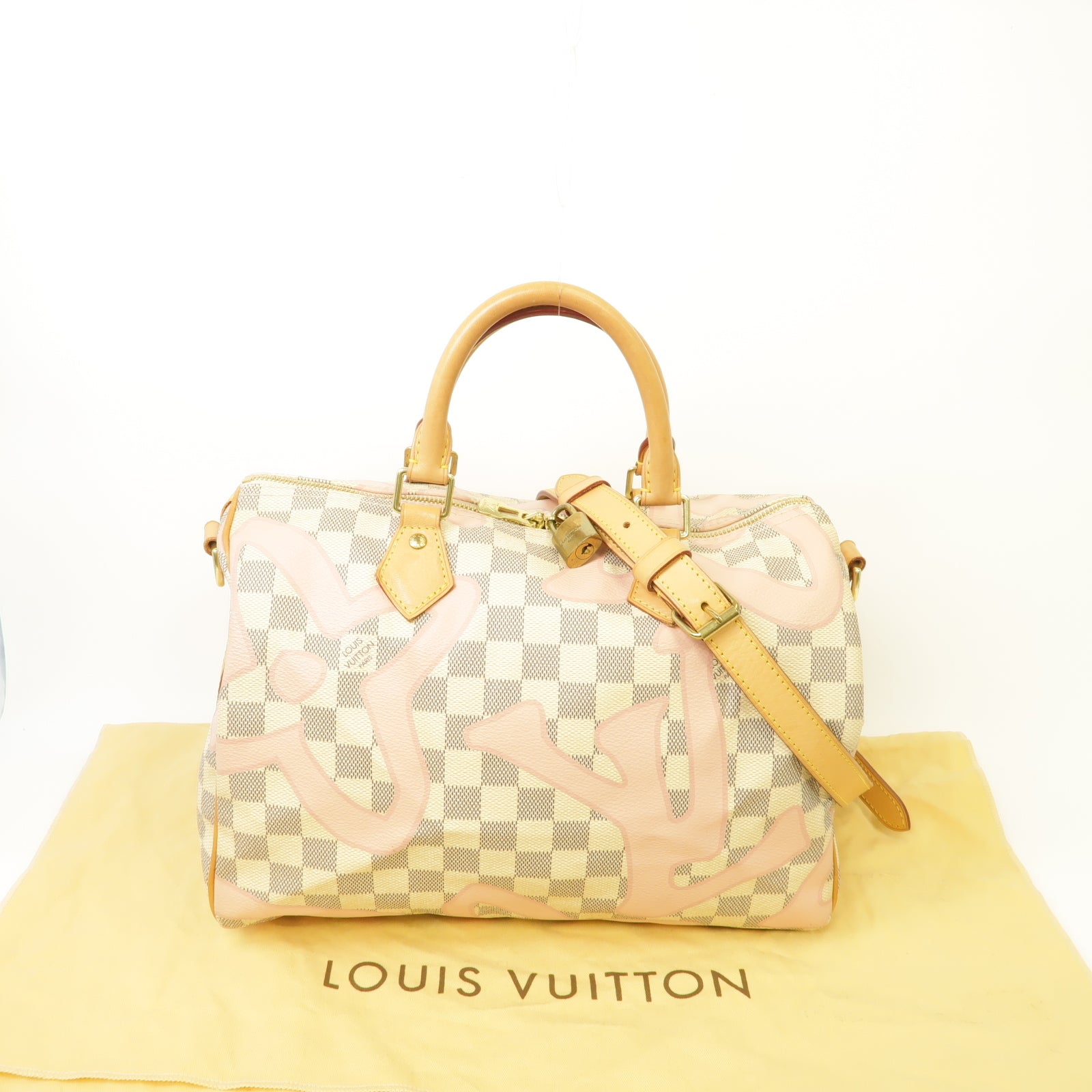 LOUIS VUITTON Damier Azur Tahitienne Speedy 30 Bandouliere金扣手挽肩背兩用袋白色/粉紅色