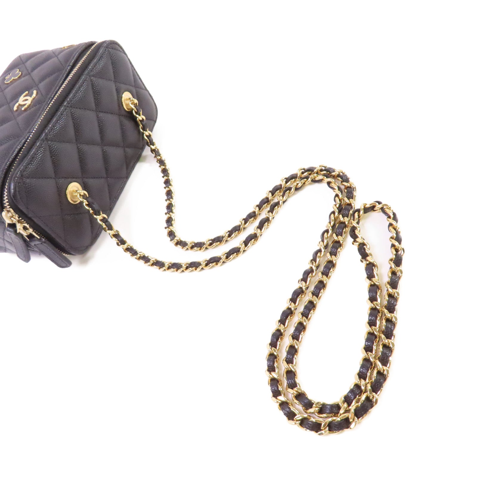 CHANEL 【激減優惠】菱格Caviar皮革Vanity Case Chain Shoulder Bag金扣鏈帶肩背袋黑色