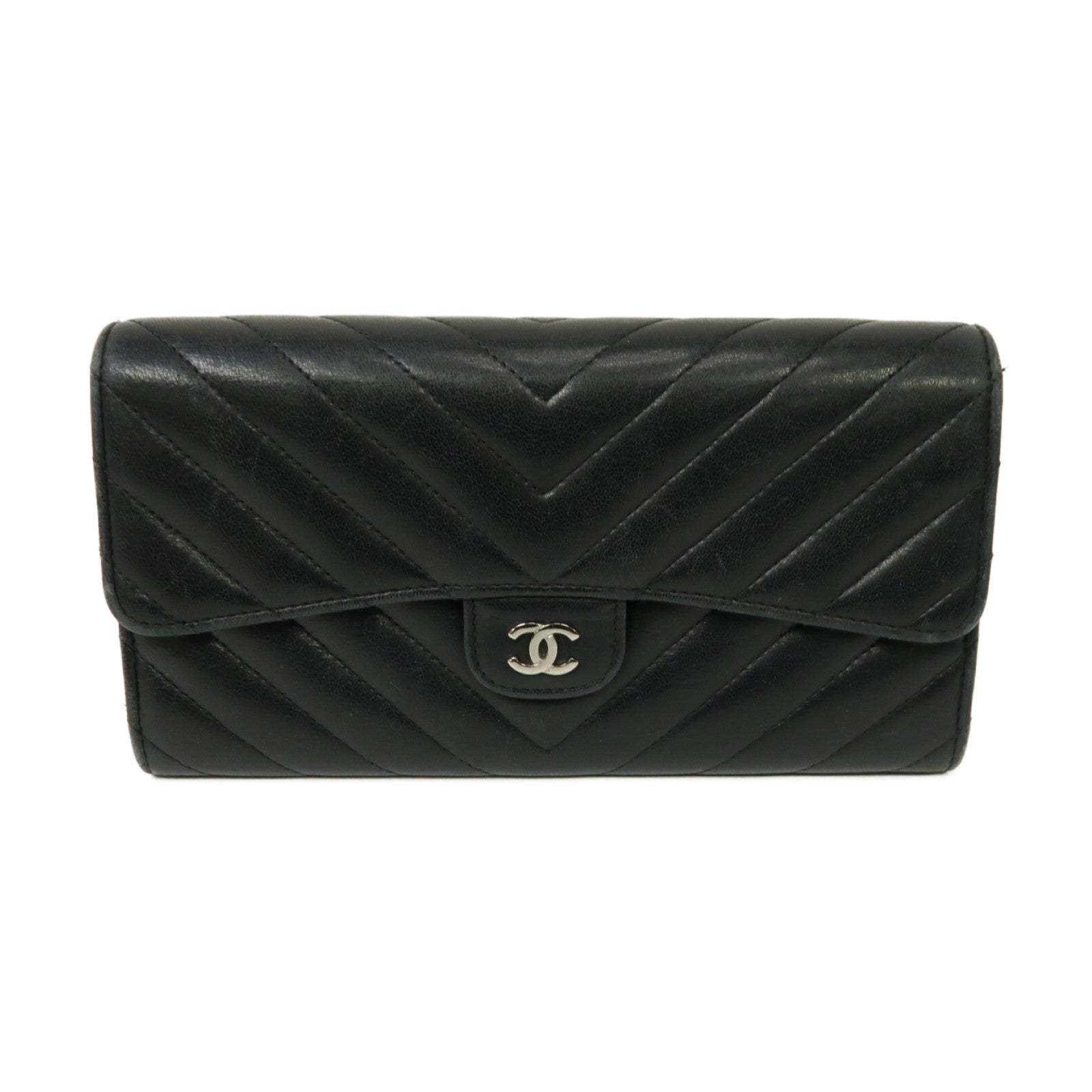 CHANEL 斜紋羊皮皮革Long Wallet銀扣長錢包黒色