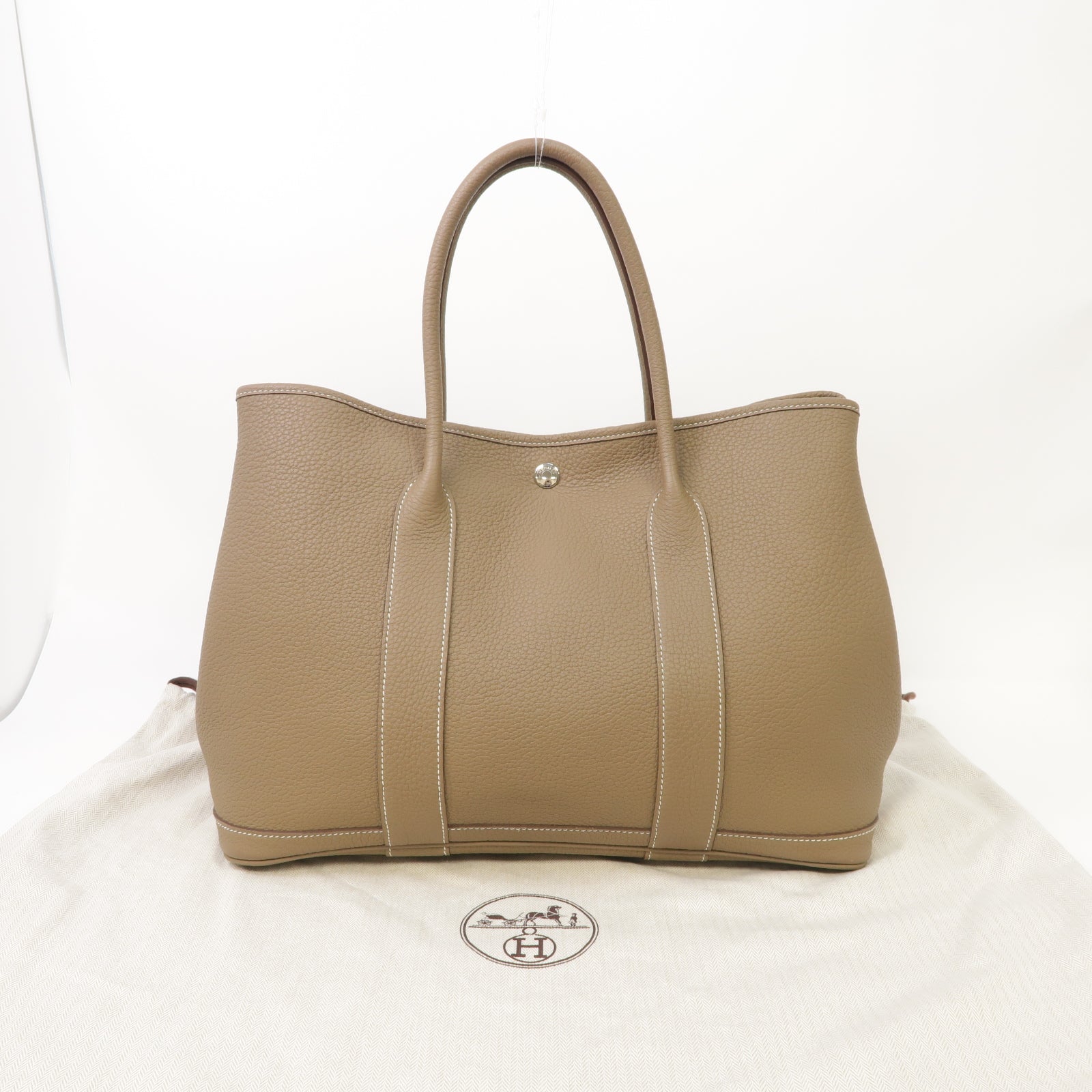 HERMES Negonda皮革Garden Party PM銀扣手挽袋Etoupe/灰色