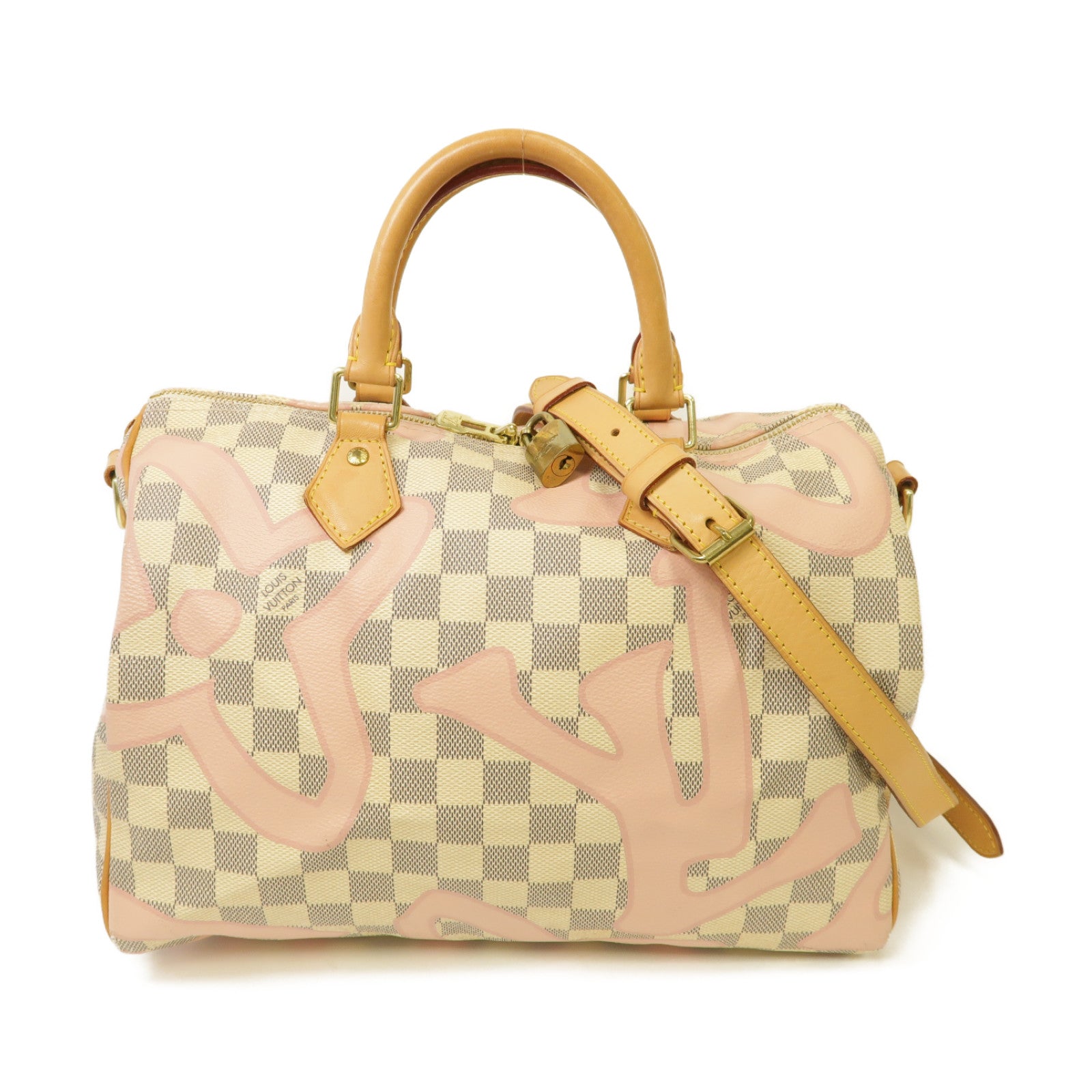LOUIS VUITTON Damier Azur Tahitienne Speedy 30 Bandouliere金扣手挽肩背兩用袋白色/粉紅色