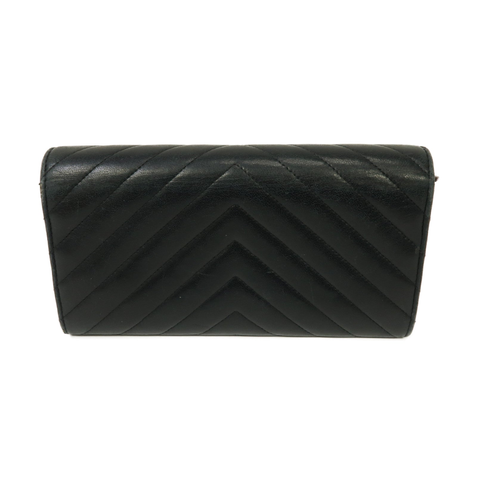 CHANEL 斜紋羊皮皮革Long Wallet銀扣長錢包黒色