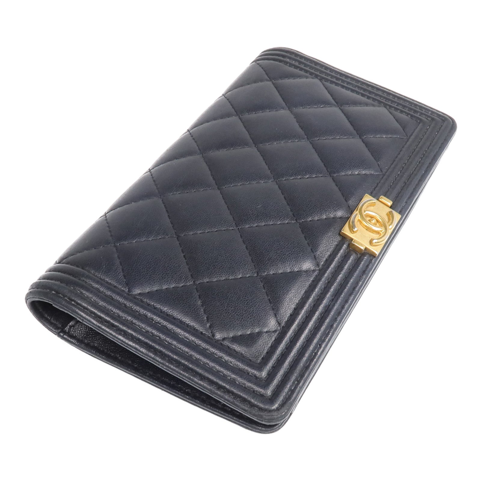 CHANEL 羊皮皮革Boy Long Wallet金扣長錢包