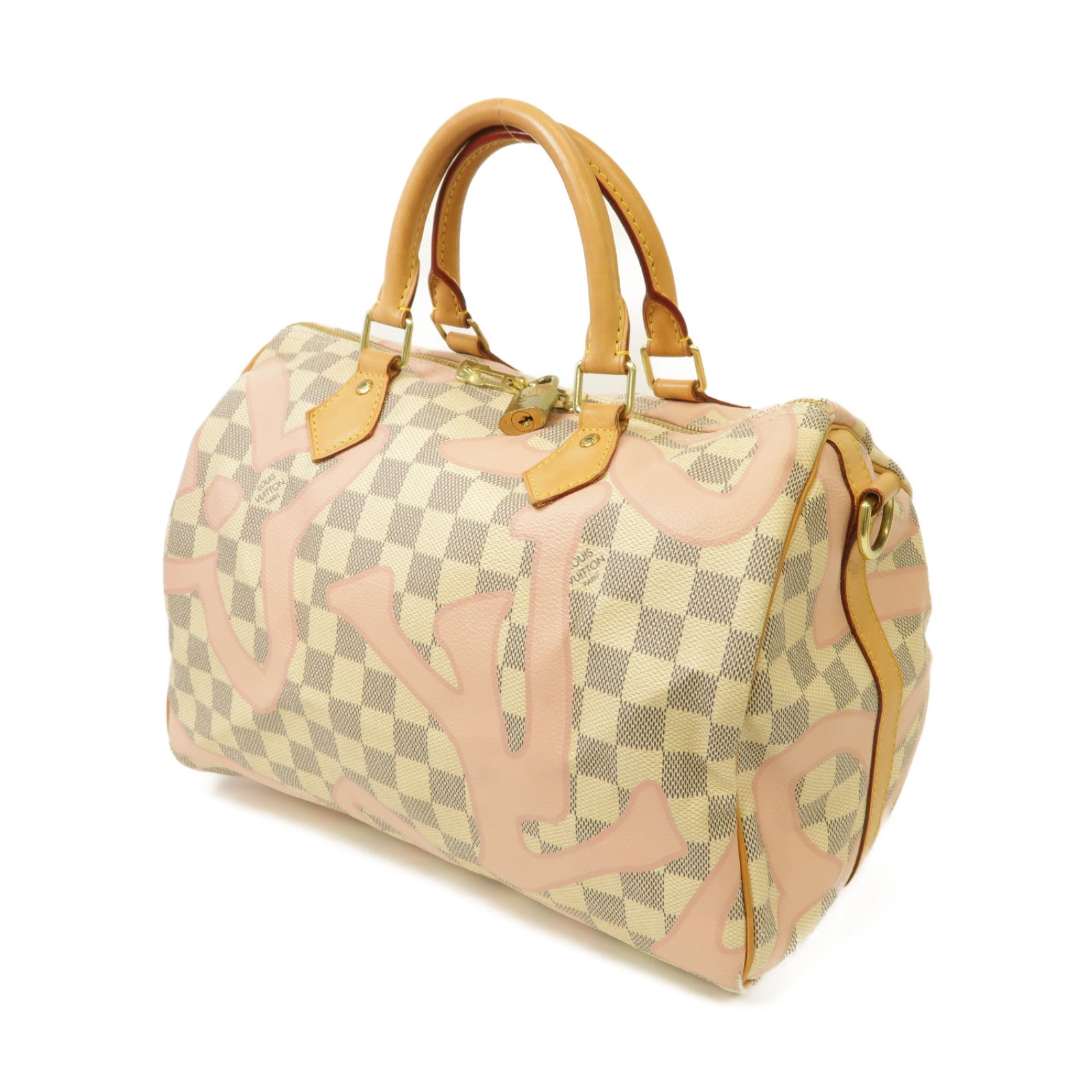 LOUIS VUITTON Damier Azur Tahitienne Speedy 30 Bandouliere金扣手挽肩背兩用袋白色/粉紅色