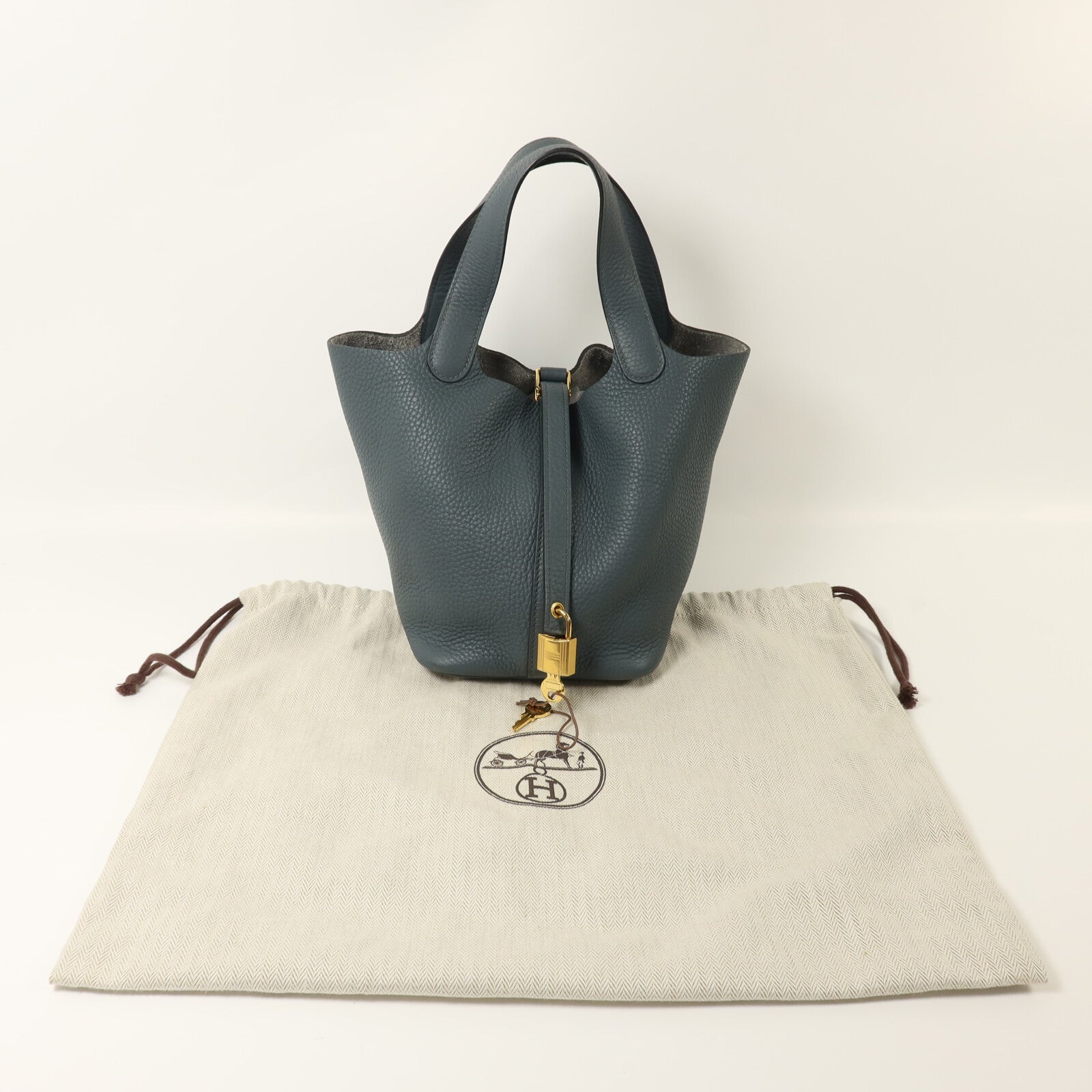 HERMES Clemence皮革Picotin PM金扣手挽袋Bleu Orage
