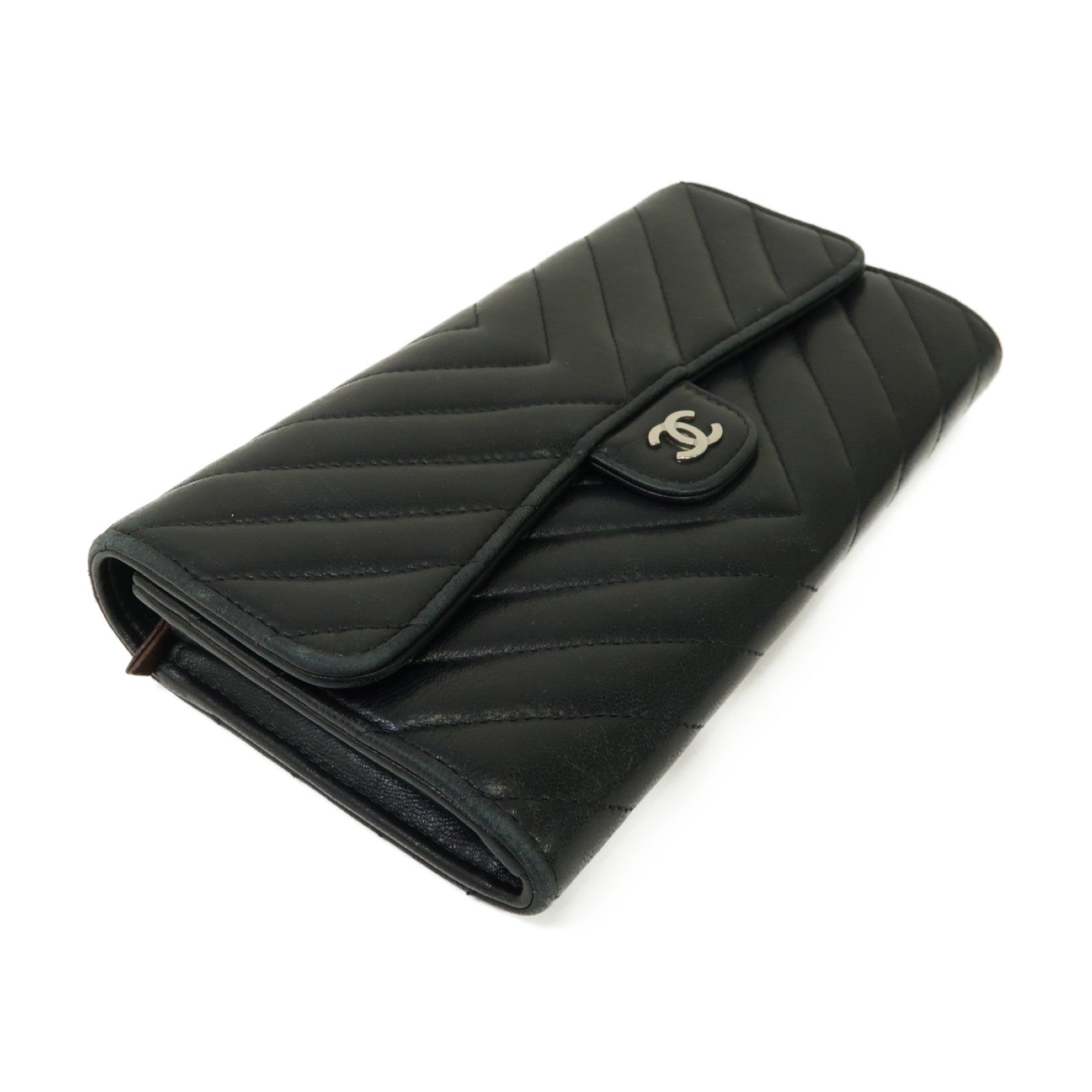 CHANEL 斜紋羊皮皮革Long Wallet銀扣長錢包黒色