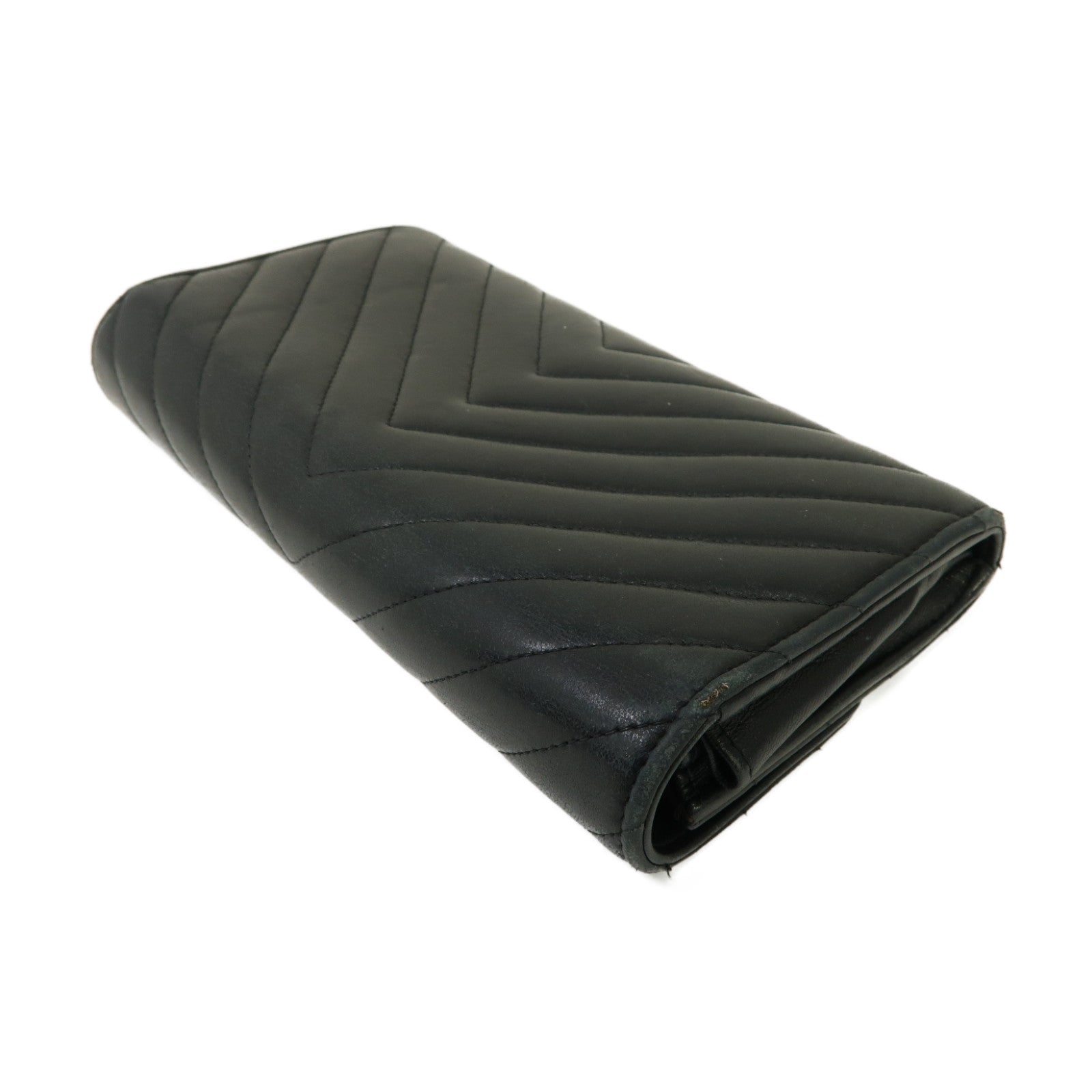CHANEL 斜紋羊皮皮革Long Wallet銀扣長錢包黒色