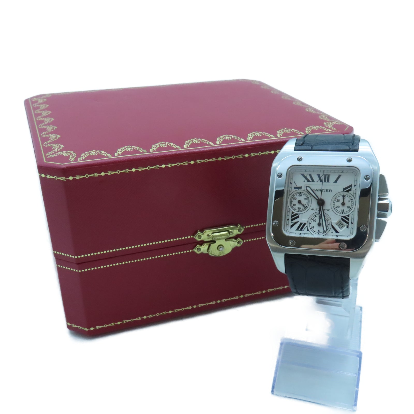CARTIER Santos 100 42mm不鏽鋼/鱷魚皮革手錶自動機芯白色