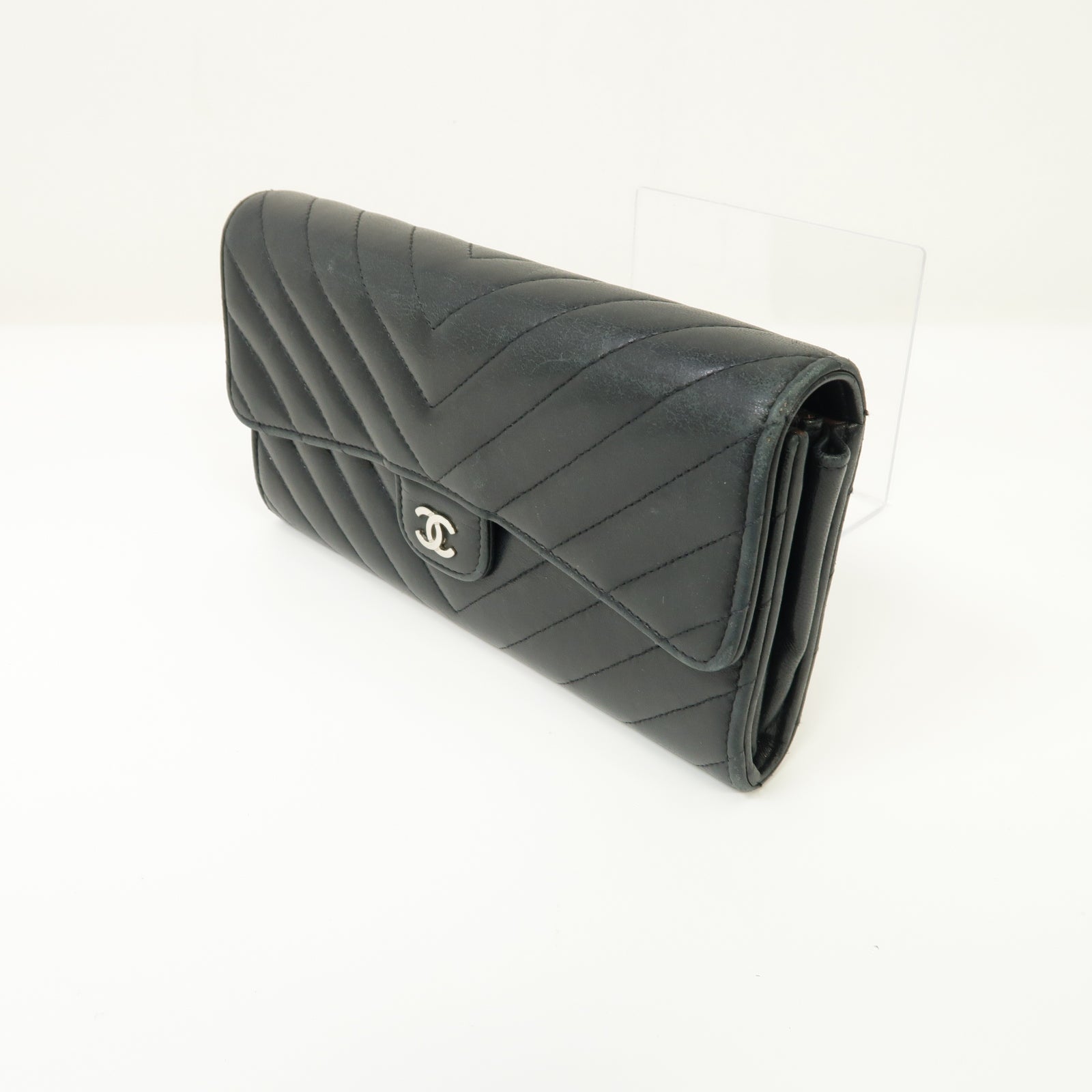 CHANEL 斜紋羊皮皮革Long Wallet銀扣長錢包黒色