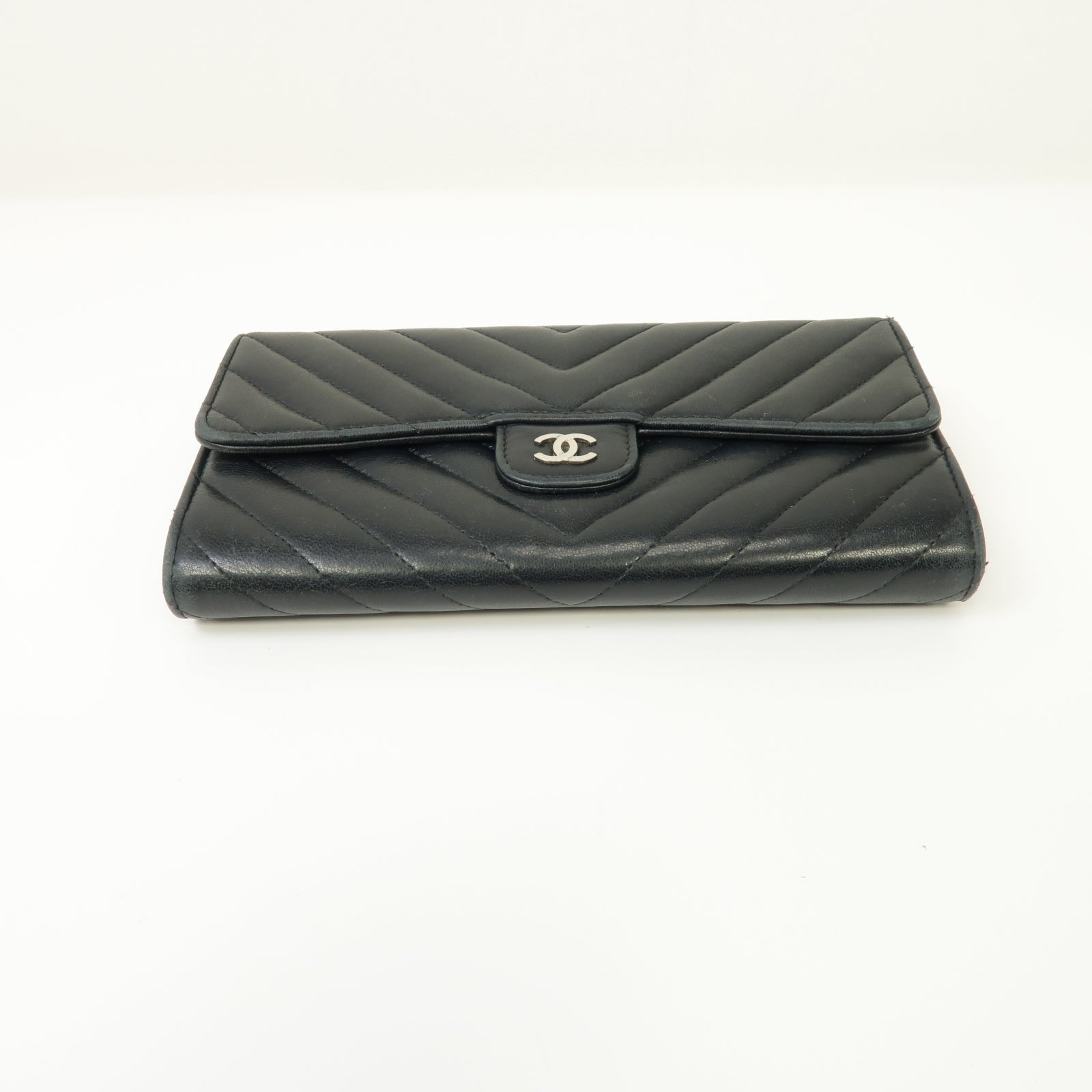 CHANEL 斜紋羊皮皮革Long Wallet銀扣長錢包黒色