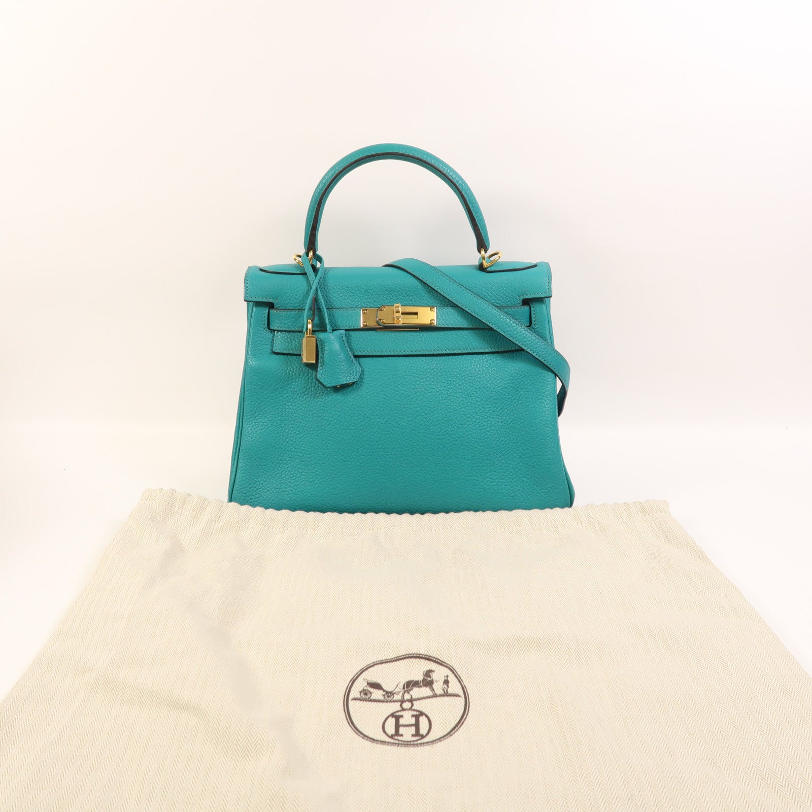 HERMES Togo皮革Kelly 28金扣手挽肩背兩用袋Bleu Paon