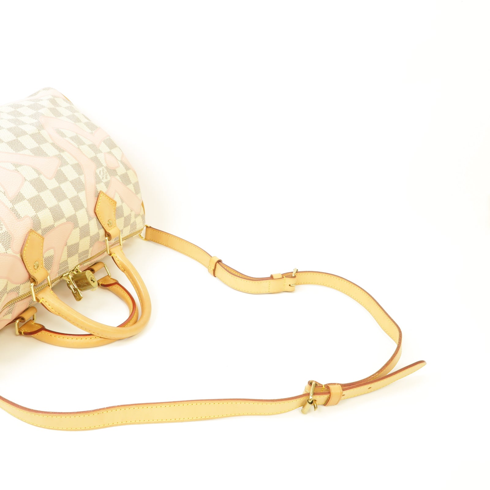 LOUIS VUITTON Damier Azur Tahitienne Speedy 30 Bandouliere金扣手挽肩背兩用袋白色/粉紅色