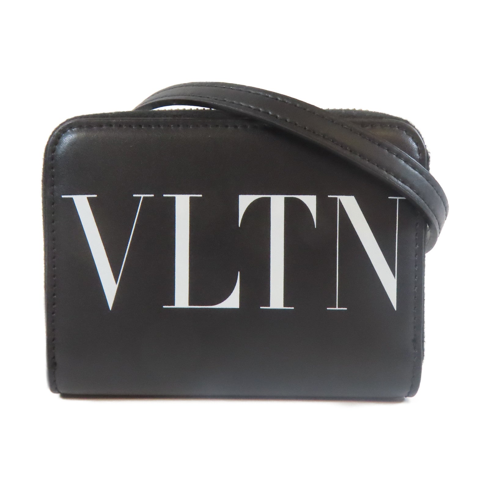 Valentino 牛皮皮革Wallet With Strap銀扣錢包黑色