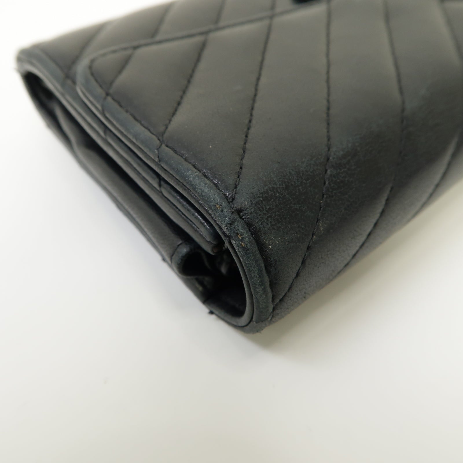 CHANEL 斜紋羊皮皮革Long Wallet銀扣長錢包黒色