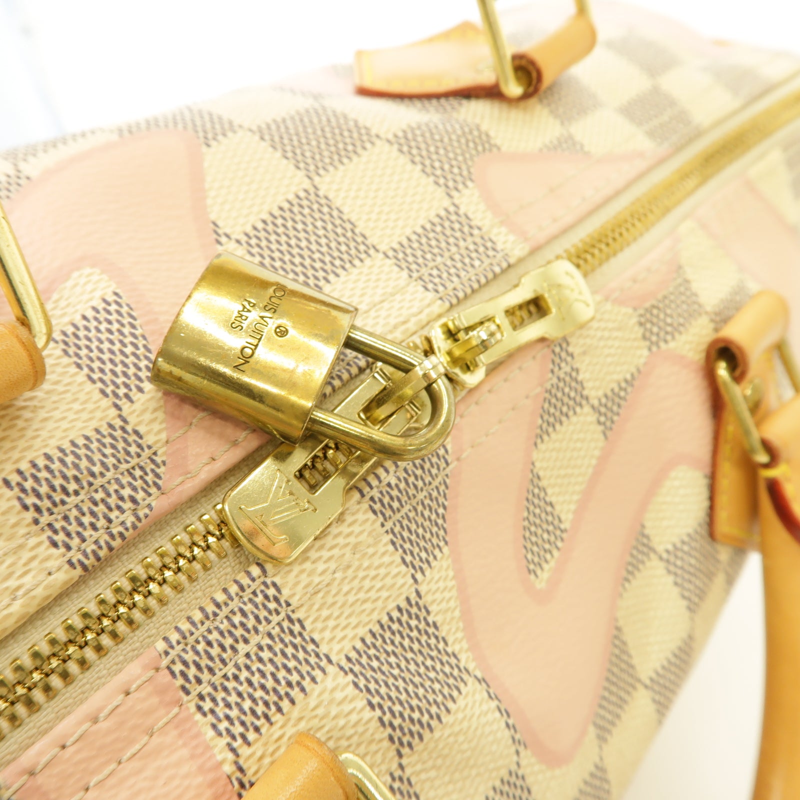 LOUIS VUITTON Damier Azur Tahitienne Speedy 30 Bandouliere金扣手挽肩背兩用袋白色/粉紅色