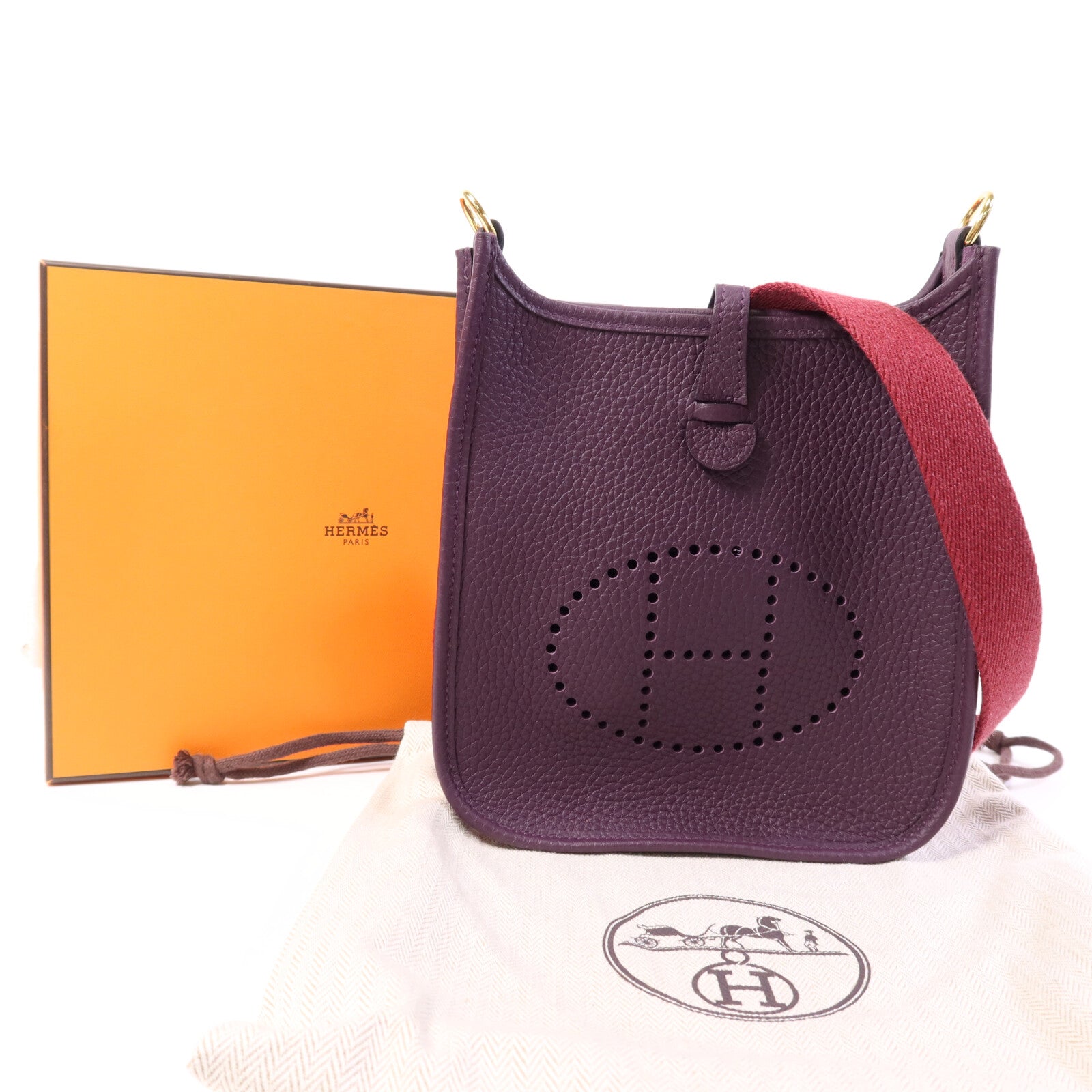 HERMES Clemence皮革Evelyne TPM金扣肩背袋Cassis/Rouge Grenat