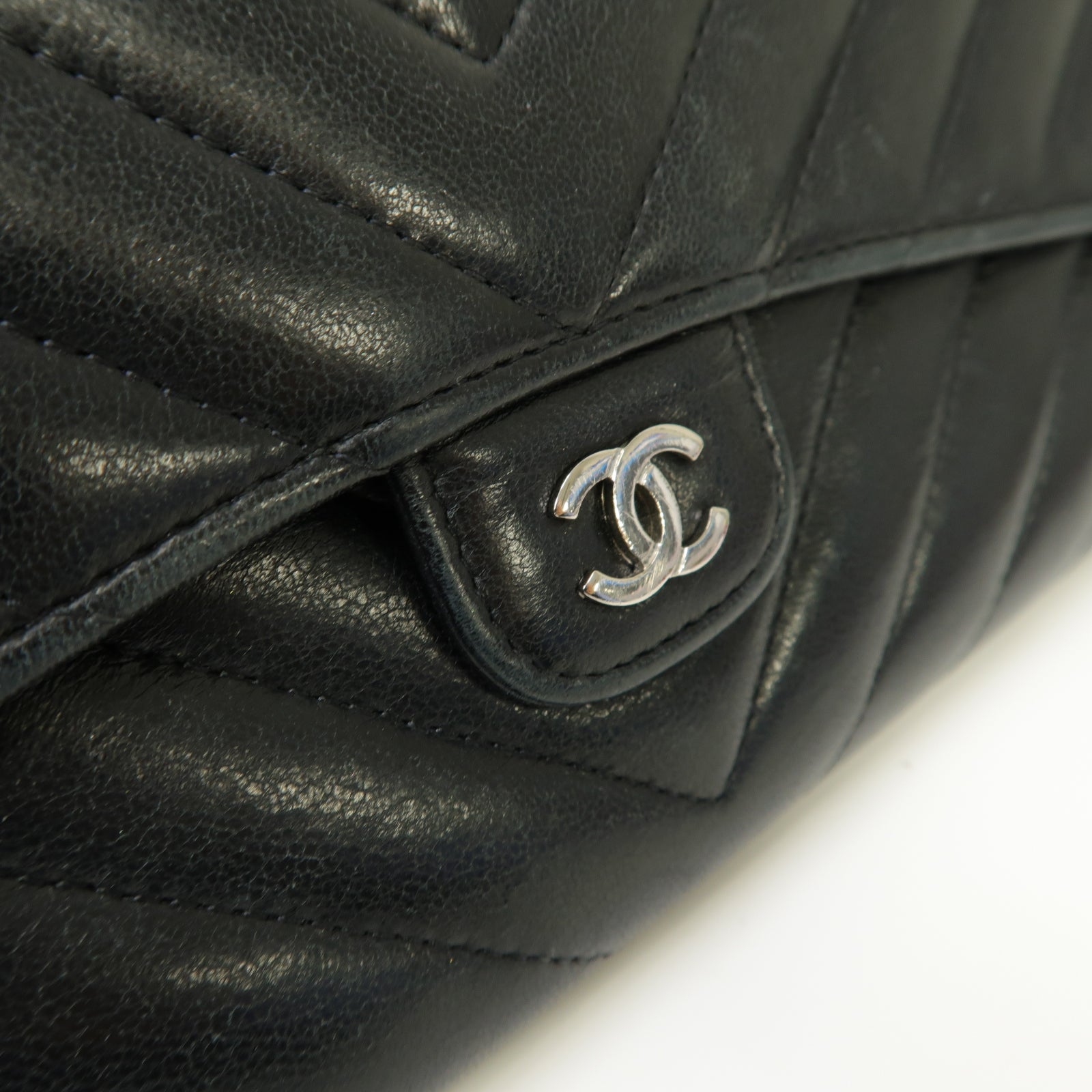 CHANEL 斜紋羊皮皮革Long Wallet銀扣長錢包黒色