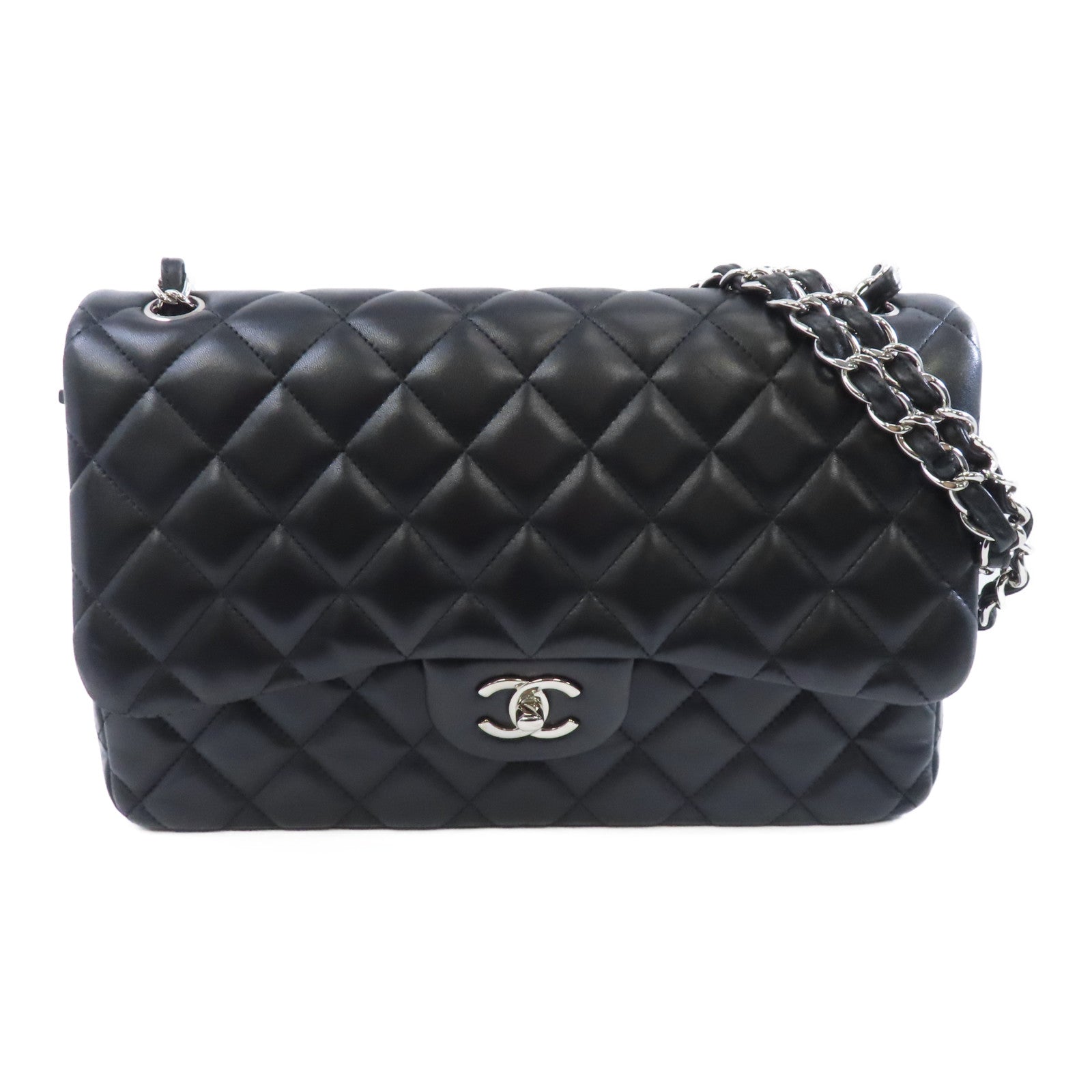CHANEL 【激減優惠】菱格羊皮皮革Classic Jumbo銀扣鏈帶肩背袋黑色
