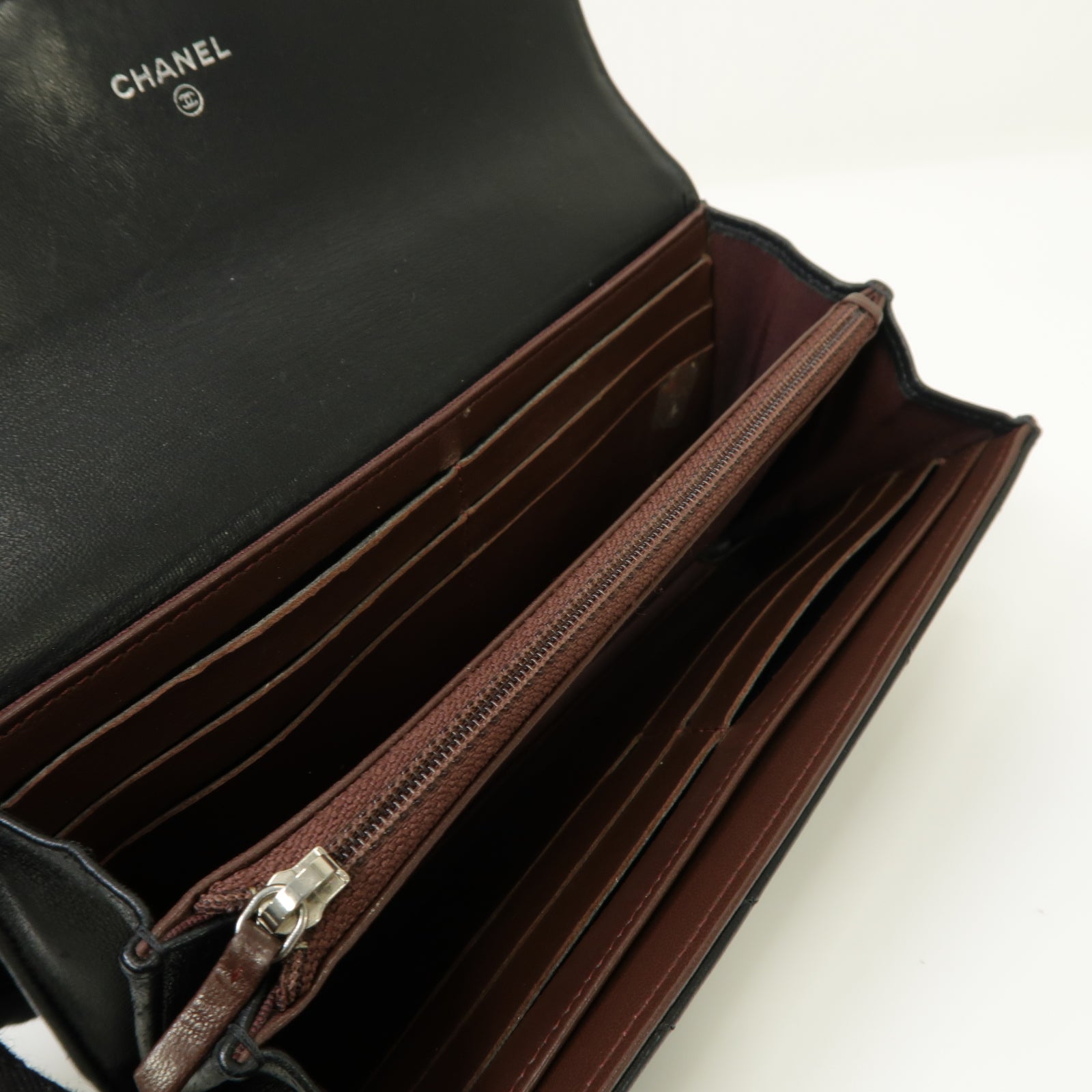 CHANEL 斜紋羊皮皮革Long Wallet銀扣長錢包黒色