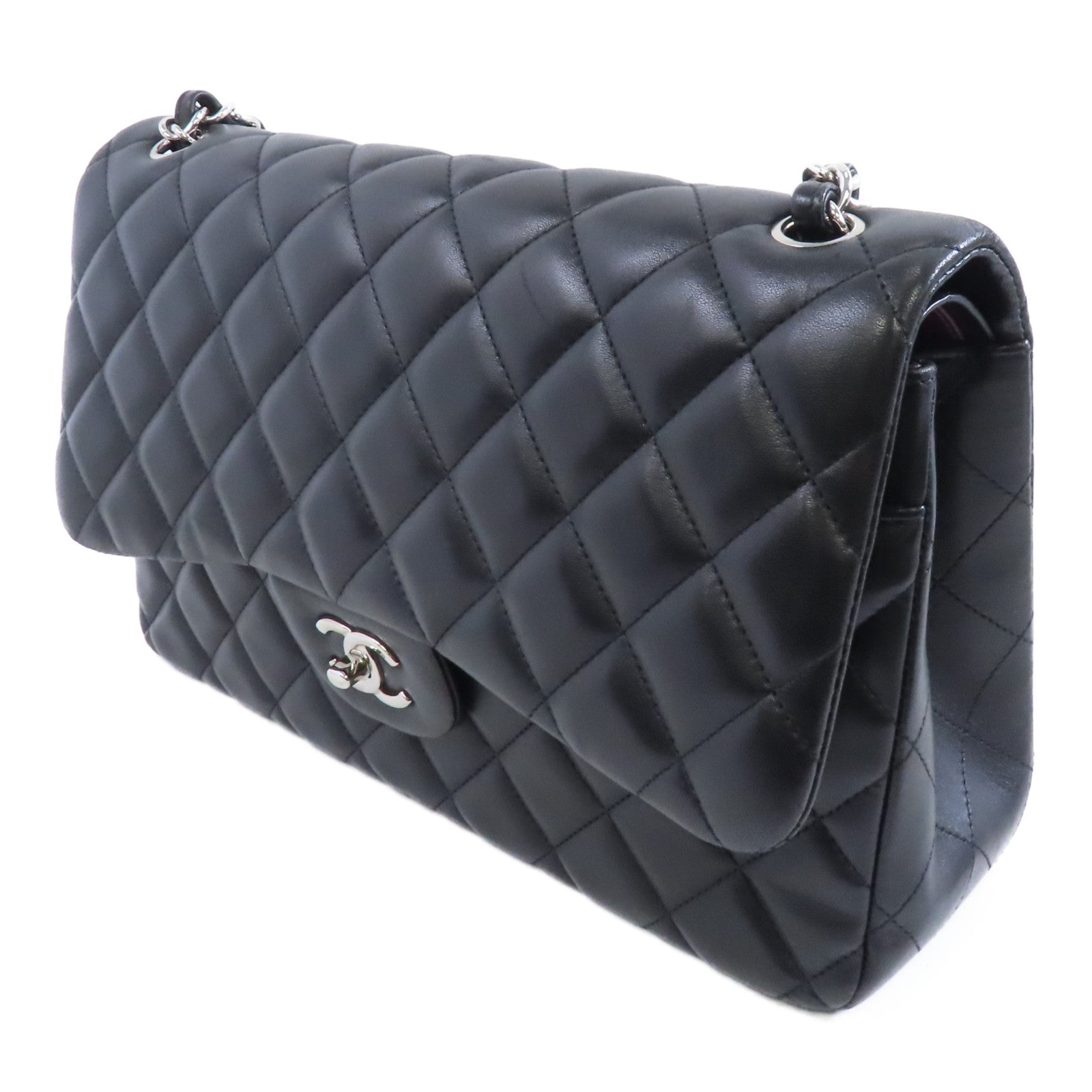 CHANEL 【激減優惠】菱格羊皮皮革Classic Jumbo銀扣鏈帶肩背袋黑色