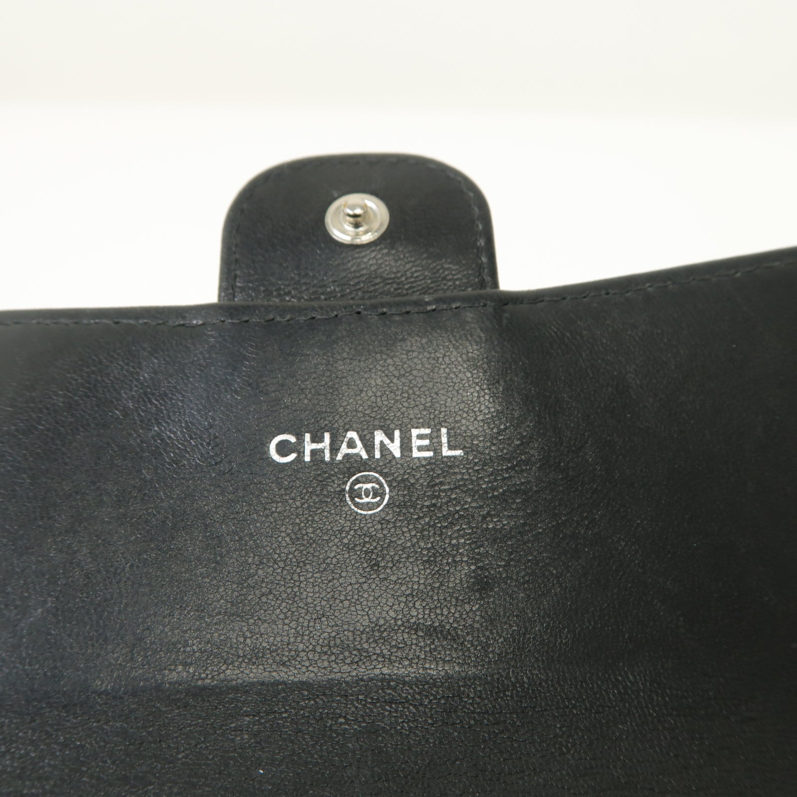 CHANEL 斜紋羊皮皮革Long Wallet銀扣長錢包黒色