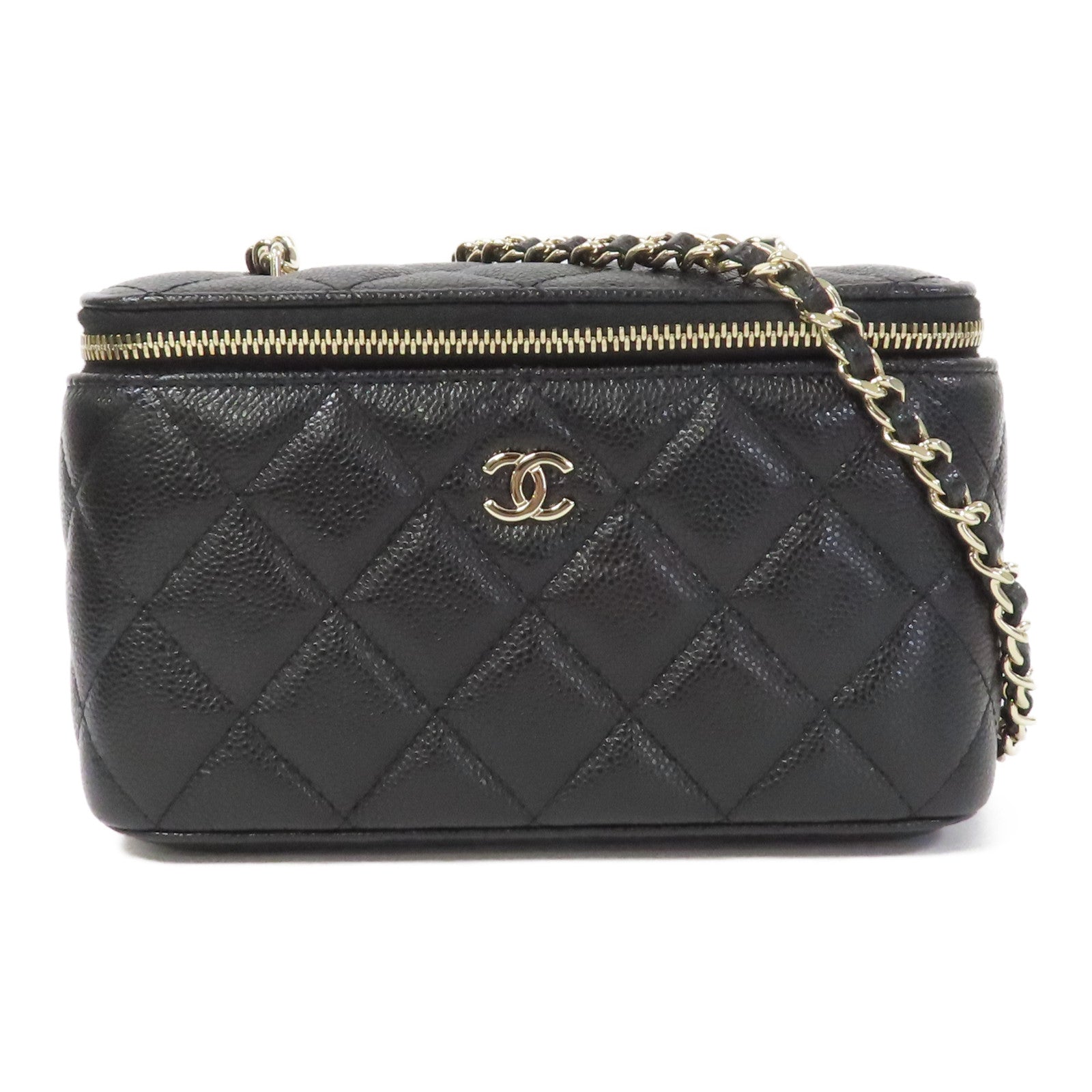 CHANEL 菱格牛皮皮革Chain Shoulder金扣鏈帶肩背袋黑色