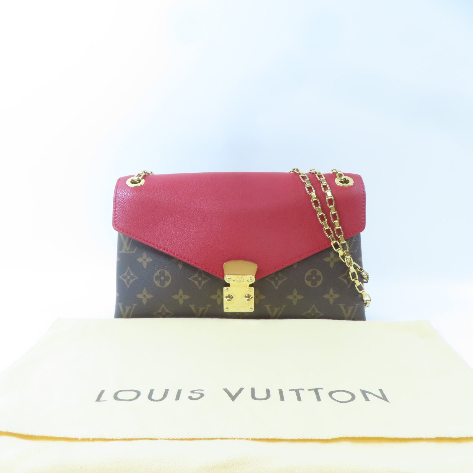 LOUIS VUITTON Monogram Pallas Chain Bag金扣鏈帶肩背袋啡色/紅色