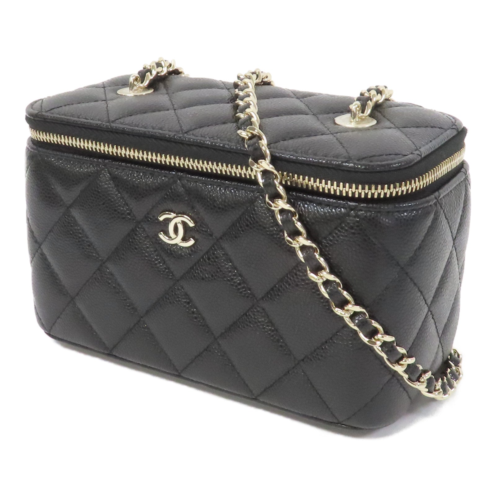 CHANEL 菱格牛皮皮革Chain Shoulder金扣鏈帶肩背袋黑色