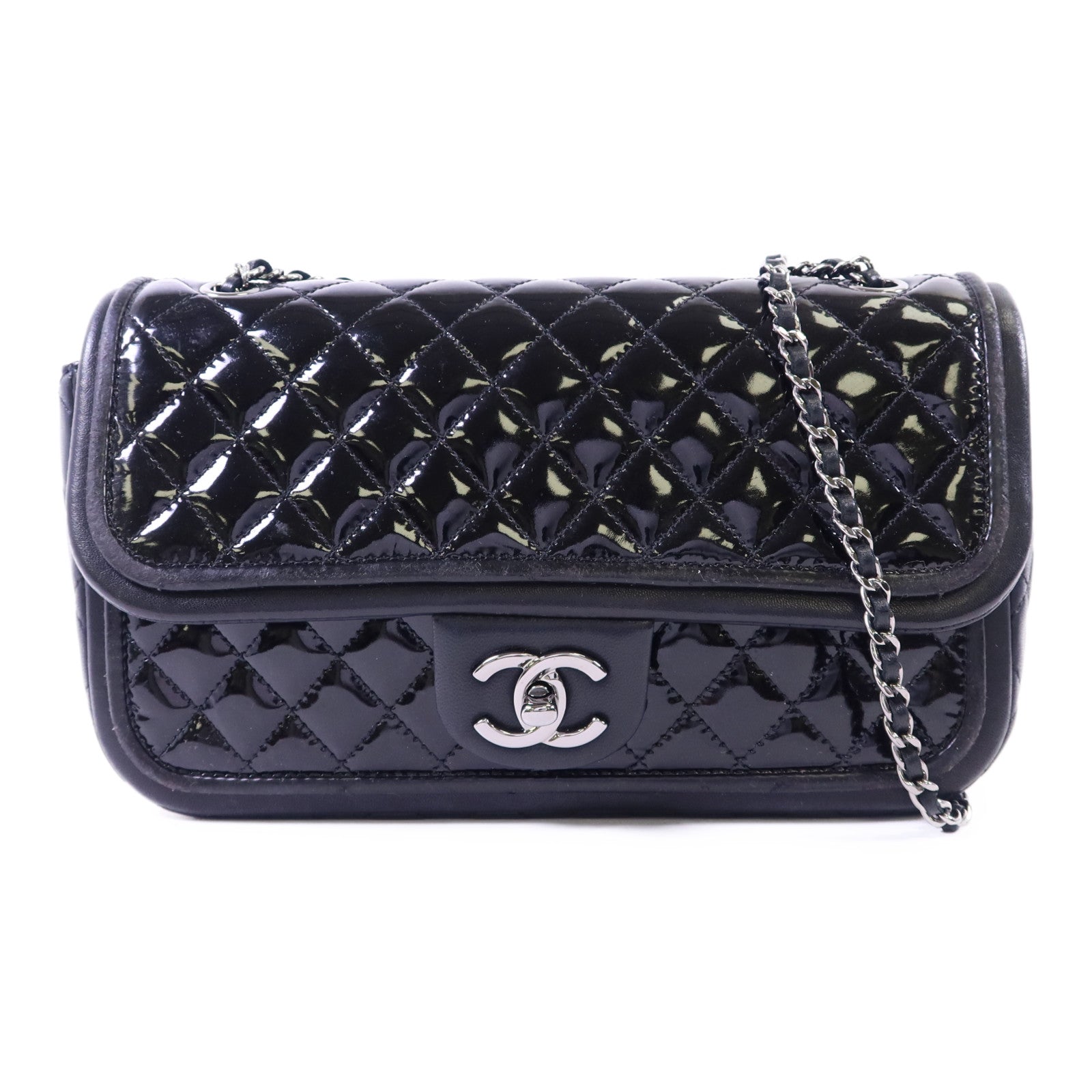CHANEL 漆皮皮革Chain Shoulder Bag銀扣鏈帶肩背袋