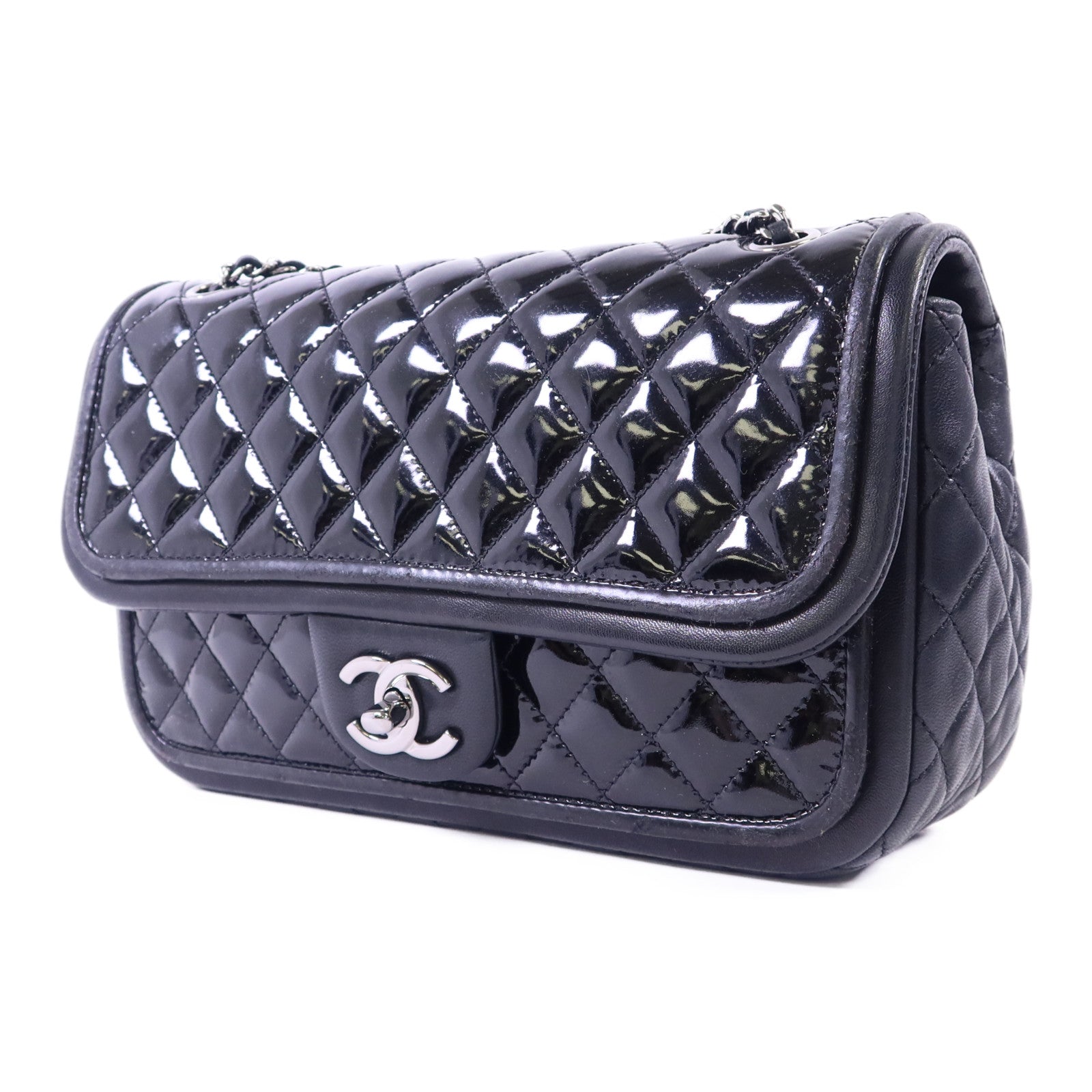 CHANEL 漆皮皮革Chain Shoulder Bag銀扣鏈帶肩背袋